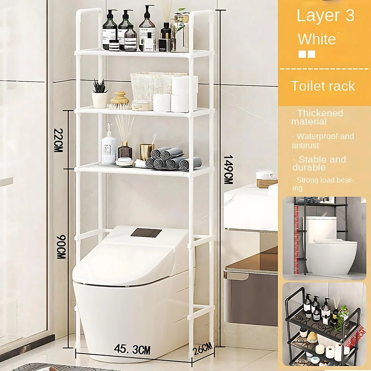 Estante Organizador Para Baño Sobre Inodoro De 3 Niveles. Mueble Repisa Para Almacenamiento. Color Blanco. 149X45.3X26cm - Image 3
