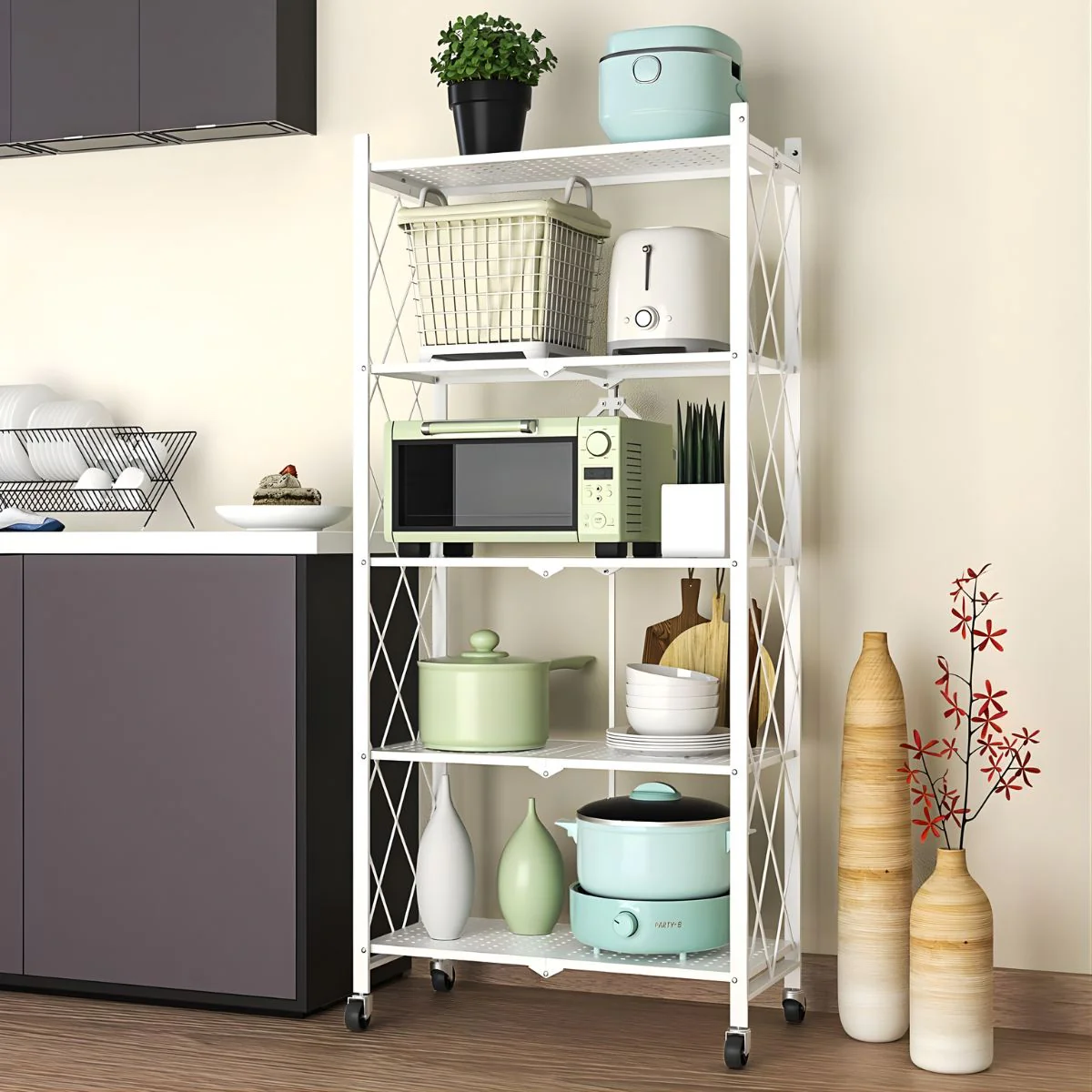 Estante Organizador Plegable Con Ruedas (Color Blanco). Estantería Metálica. Repisas Para Almacenamiento Plegable Con 5 Niveles 160X71x38cm. - Image 2