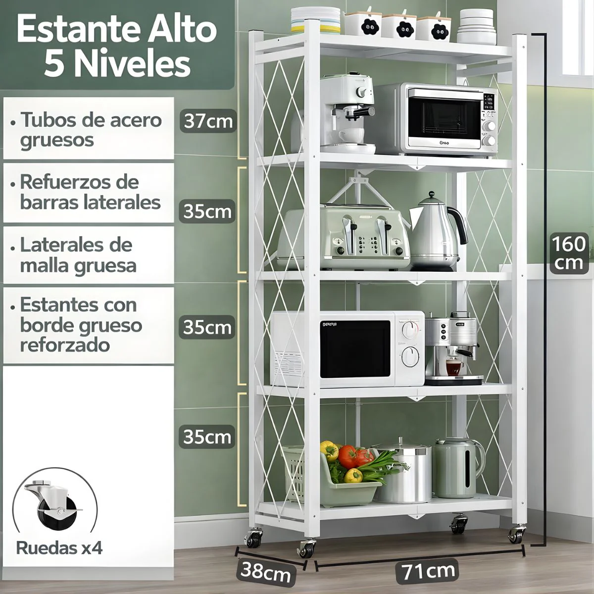 Estante Organizador Plegable Con Ruedas (Color Blanco). Estantería Metálica. Repisas Para Almacenamiento Plegable Con 5 Niveles 160X71x38cm. - Image 3