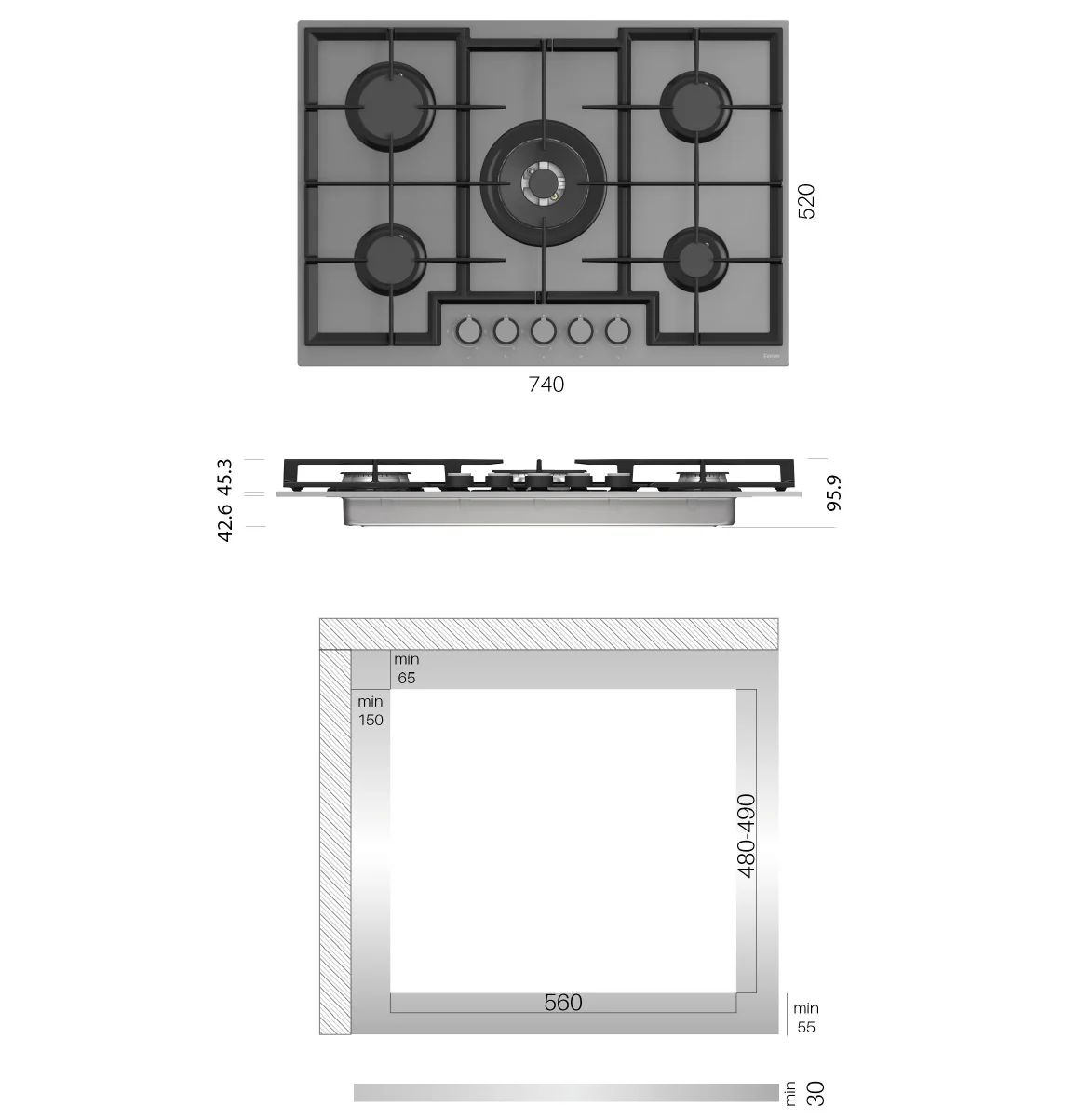 Estufa Empotrable 76 Cm BL Vidrio Templado Negro, 5 Quemadores SABAF + Wok 5Kw, 110V - Image 5