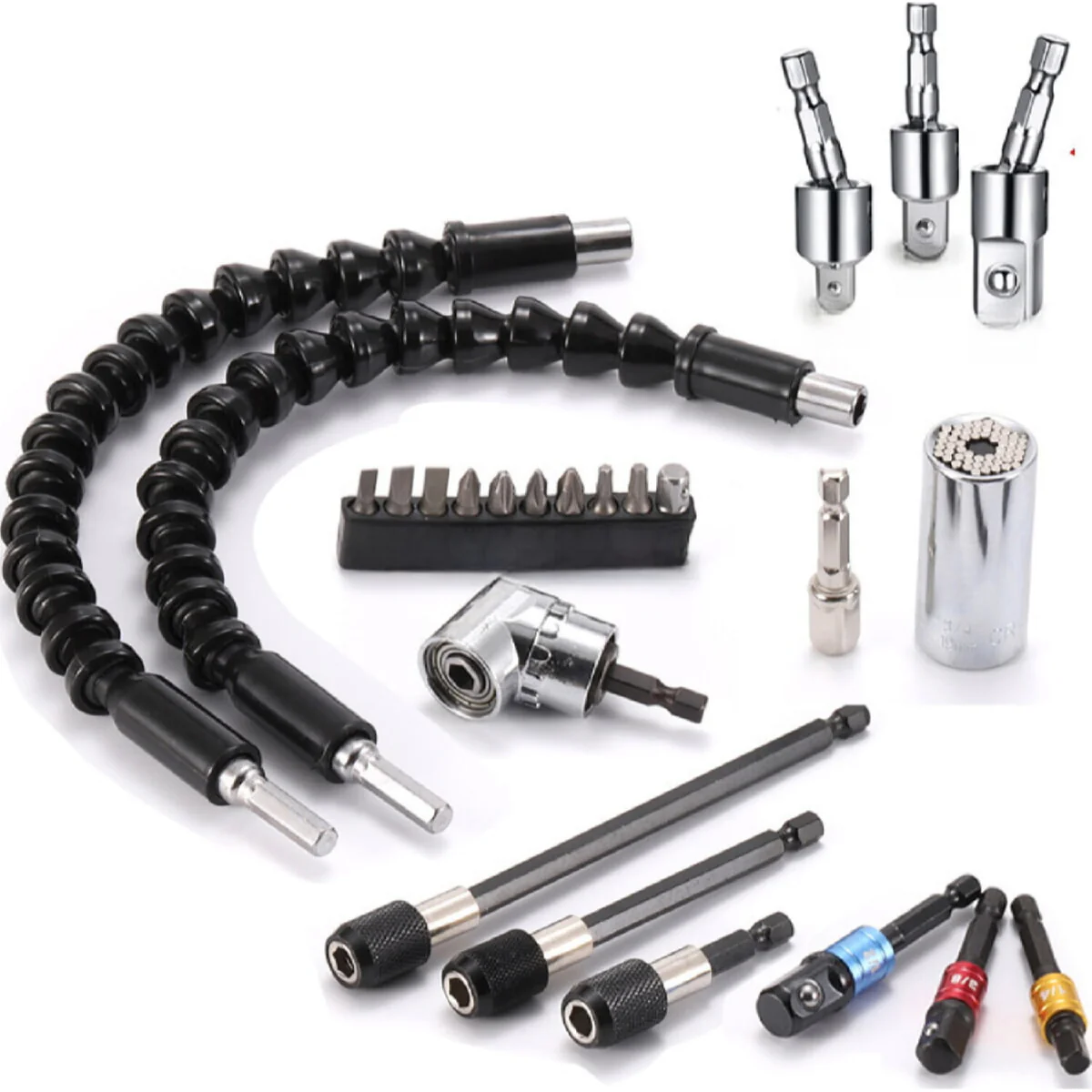 Extensiones De Brocas Flexibles. Juego De 24 Piezas. Incluye Soporte Para Brocas, Enchufe De Junta Giratoria De 1/4”, 3/8” Y 1/2”. Kit Set