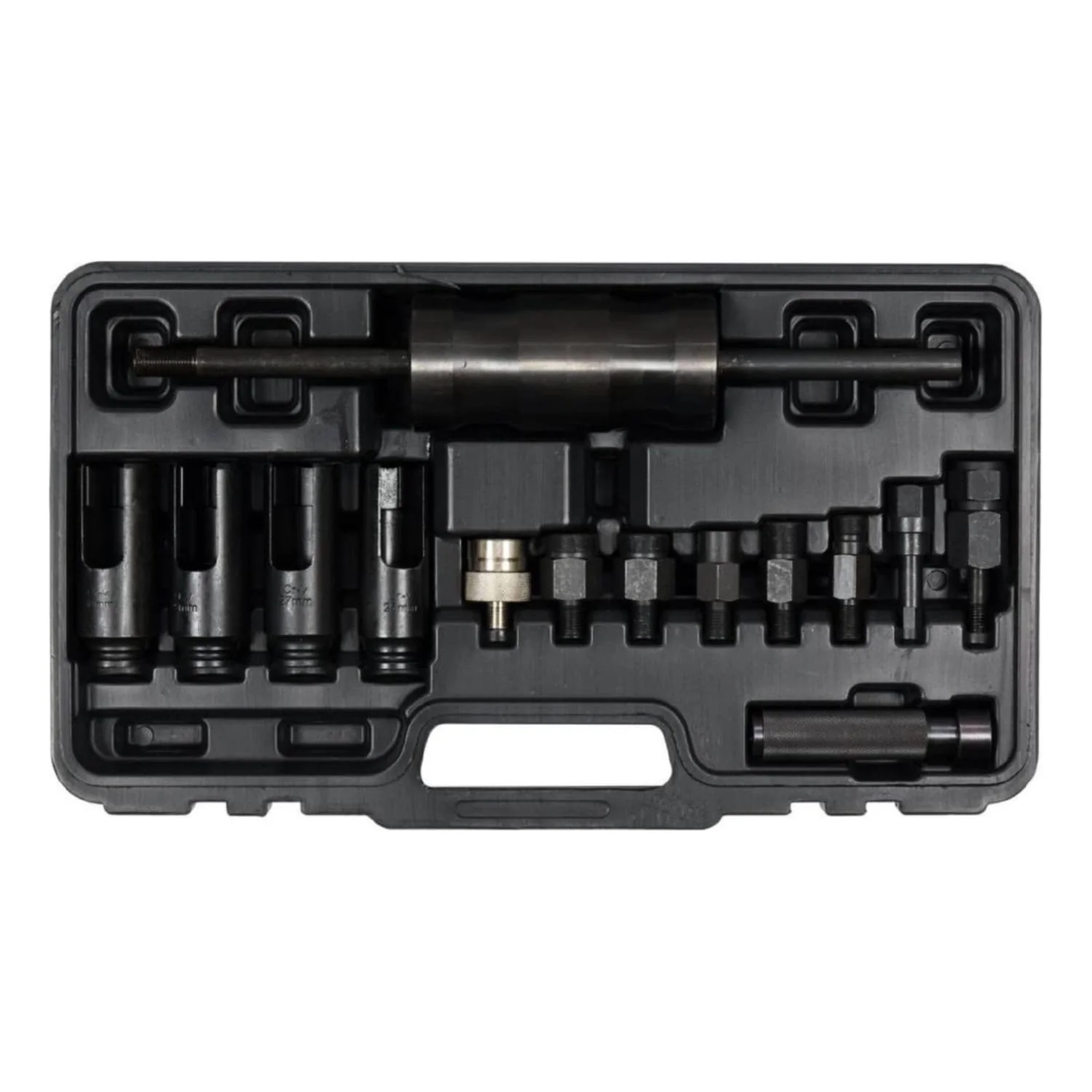 Extractor De Inyectores. Contenido: Martillo Deslizante, 4Pzs 1/2'' Sockets -25/ 27/ 29/ 30M, Llave Antirrobo, 5Pzs Adaptadores (Bosch, Delphi, Denso, Siemens). Juego De 14 Piezas.