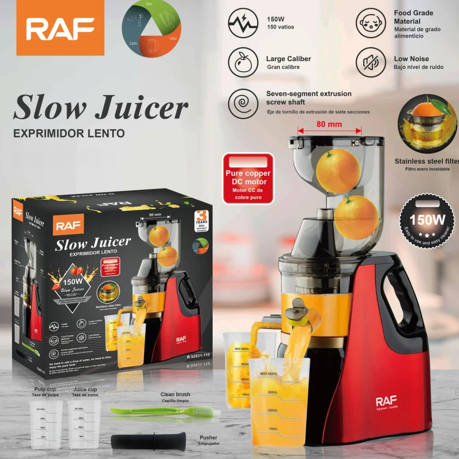 Extractor De Jugos 150W  110V/60Hz  Con Motor De Cobre Y Filtro De Acero Inoxidable. Exprimidor Lento Naranjas.