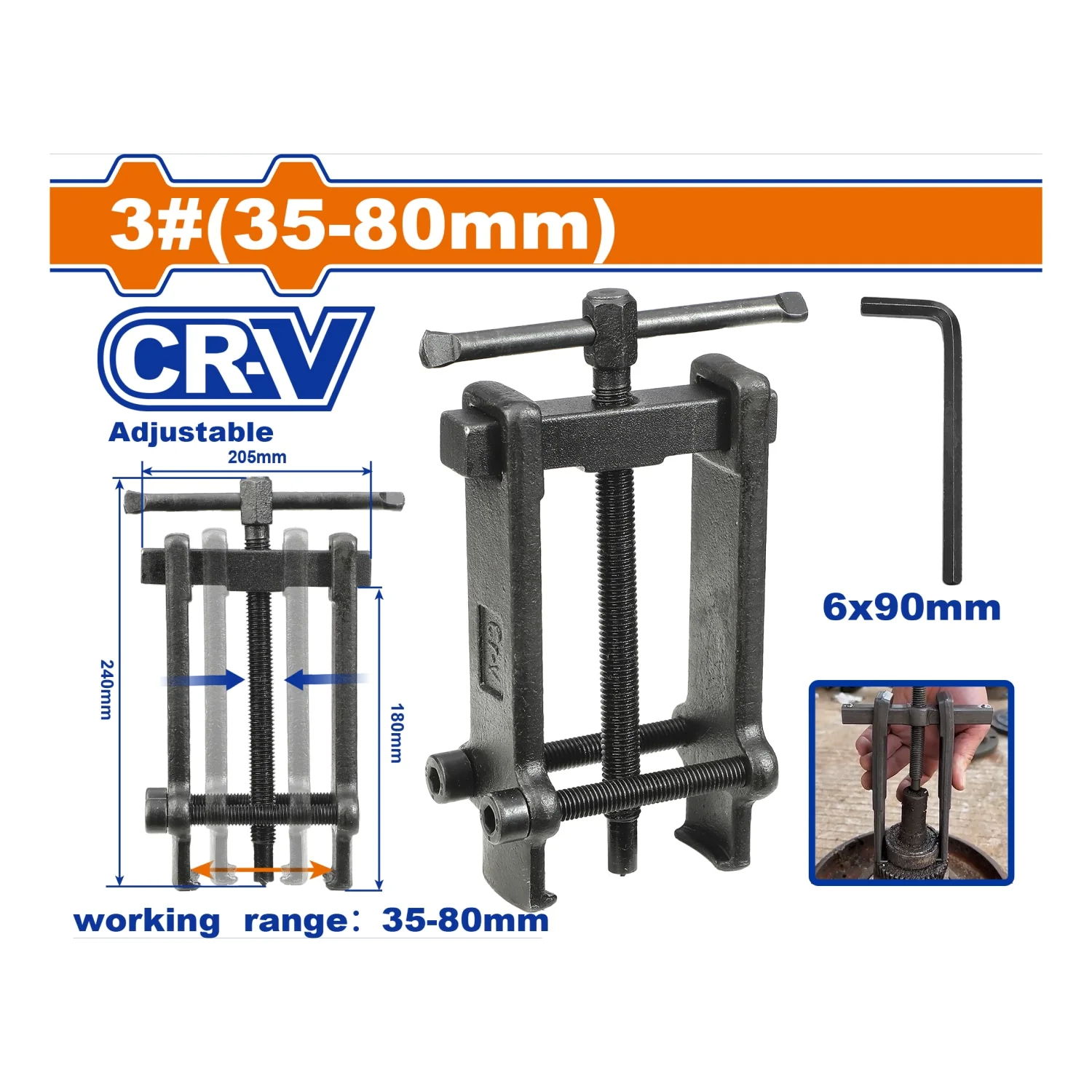 Extractor De Rodamientos 3# (35–80 Mm). Acero Cr-V. Fuerza 20 Kn