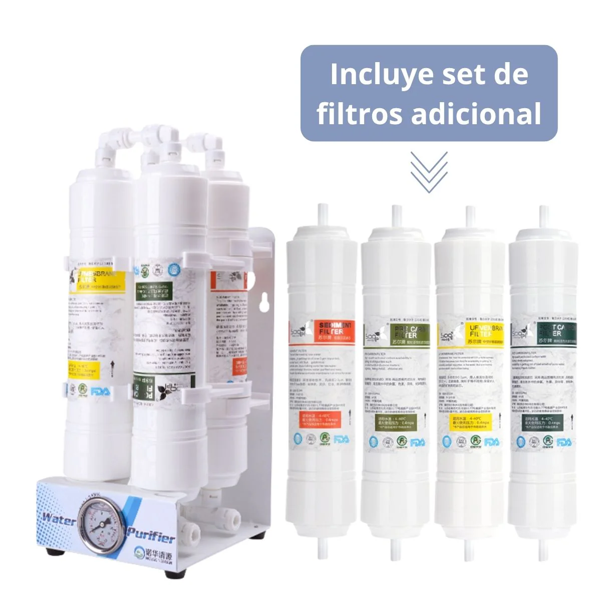 Filtro De Agua De Ultrafiltración De 4 Etapas Sin Electricidad Con Filtros De Repuesto. Incluye Grifo De Acero Inoxidable 304.