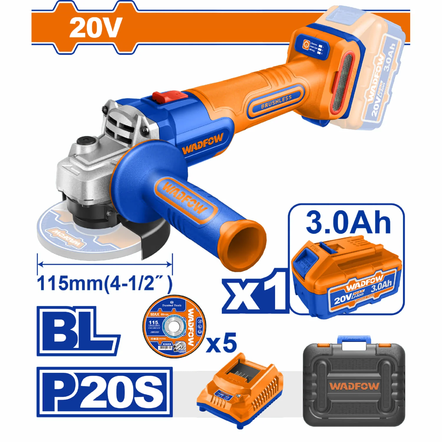 Flexible Inalámbrica 4 1/2” 20V 3000/9000Rpm. Incluye Batería, Cargador, Discos Y Estuche. Lijadora Esmeriladora Angular.