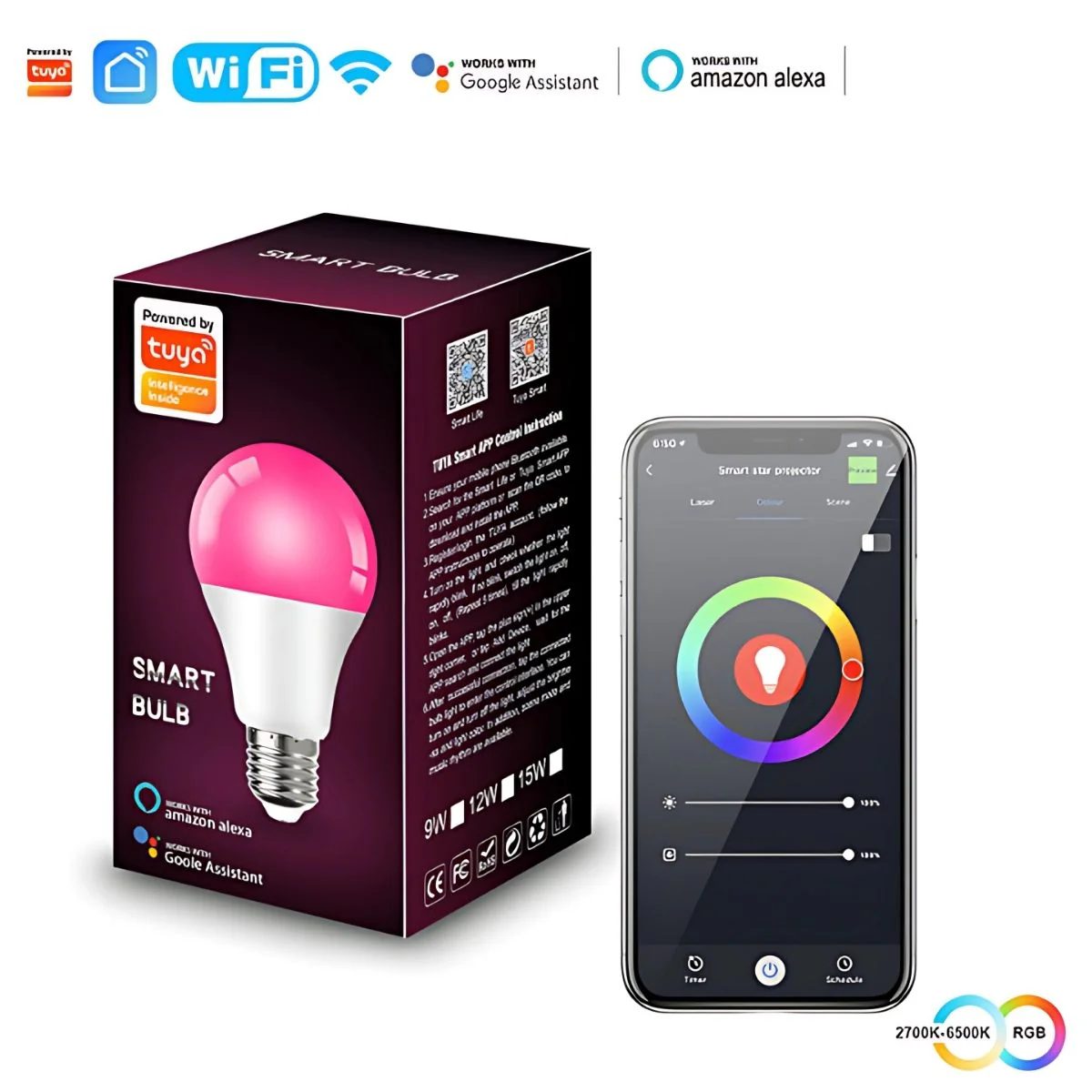 Foco Bombillo Inteligente LED RGB Wifi+Bluetooth. 9W Foco Iluminación RGB Con App Y Control Remoto Compatible Con Alexa Y Google Assistant. Bombilla