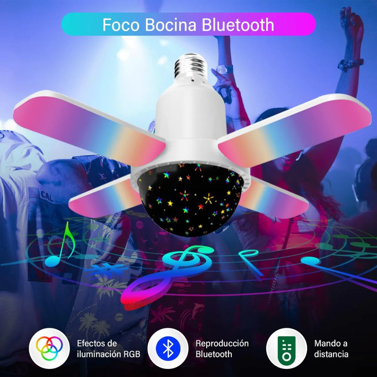 Foco Bombillo LED Con Bocina Integrada Bluetooth. Lámpara Musical RGB Con Proyector Estrellado Y Control Remoto. Tipo Discoteca Cielo Estrellado De Colores - Image 2