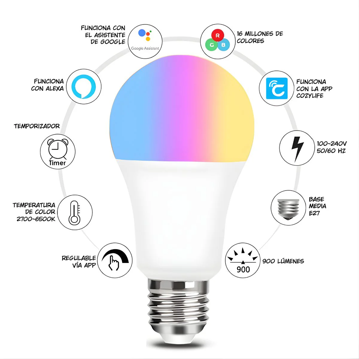 Foco Bombillo LED Inteligente Wifi 9W RGB+CW+WW. Control Por App Cozylife, Alexa Y Google Assistant. Luz Multicolor Regulable. - Image 3