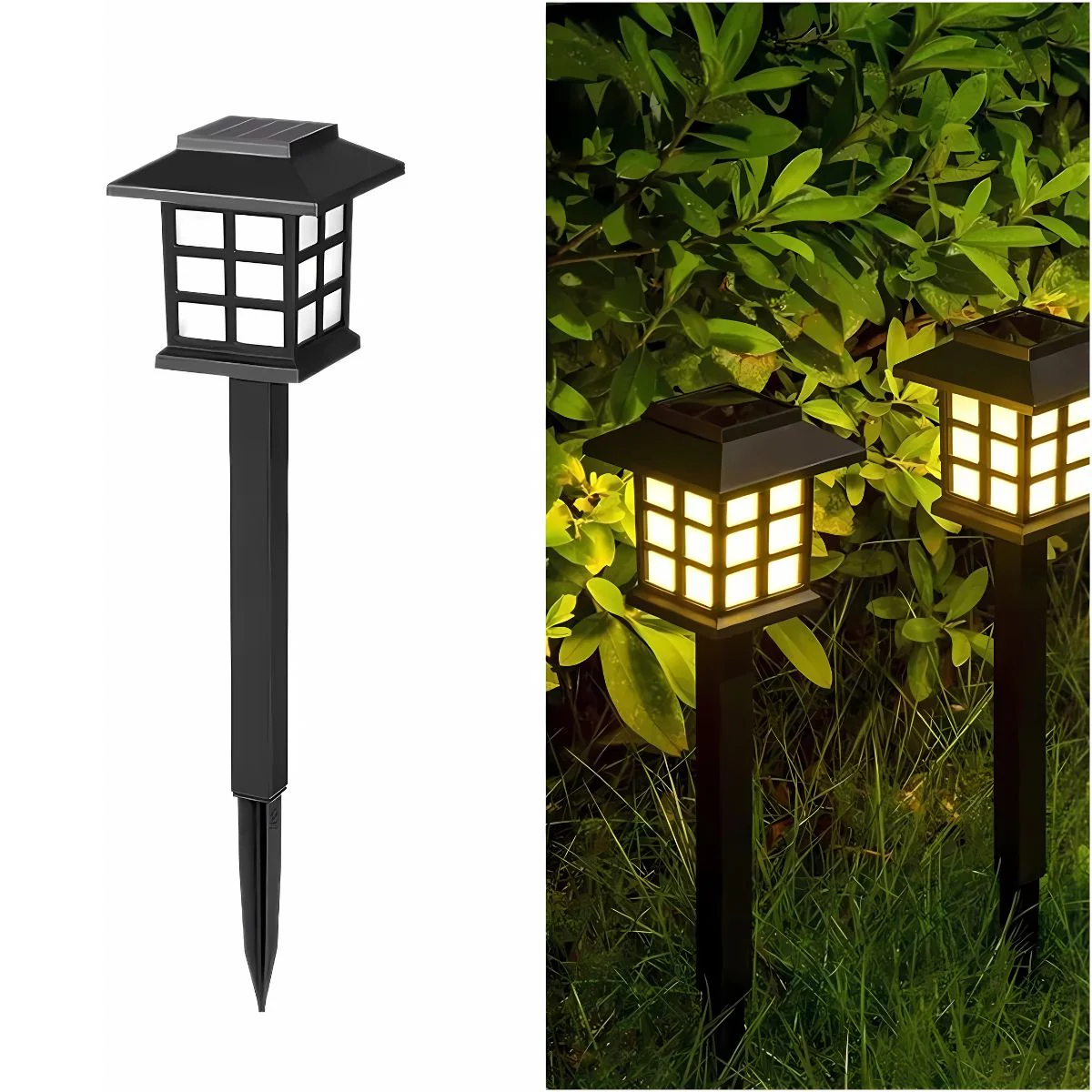 Foco Lampara Solar Para Césped Tipo Estaca LED. (SE VENDE EN PARES) Lampara Negra Con Panel Solar Integrado. Para Jardín. (Luz Cálida)