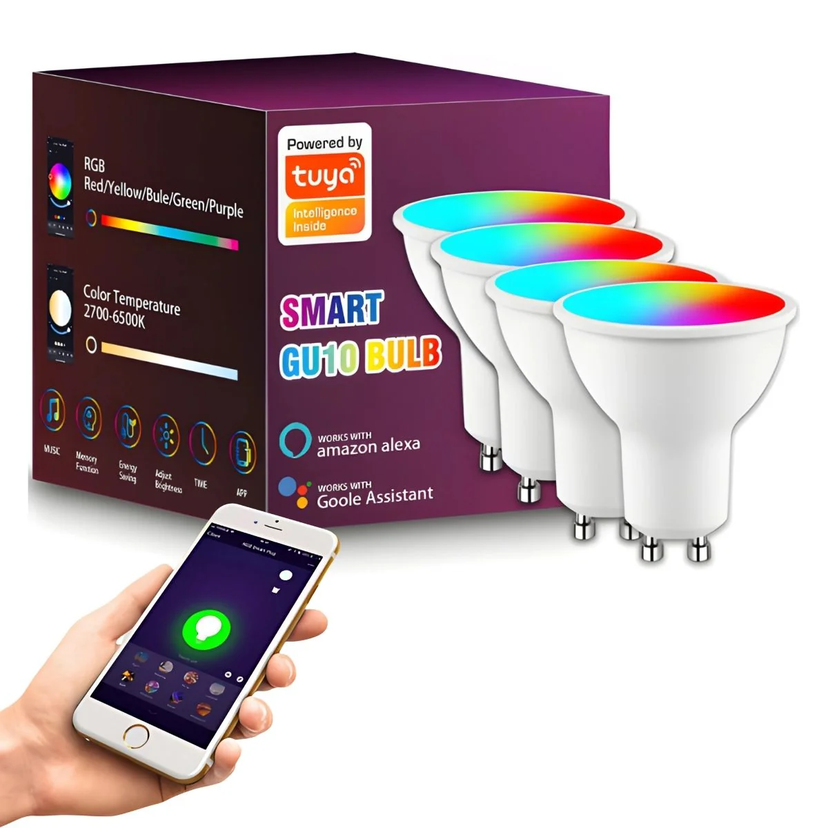 Foco LED Inteligente GU10 RGB Con App Y Control Remoto 5W. Bombilla Regulable Con Wifi+Bluetooth Compatible Con Alexa Y Google Assistant. Bombillos