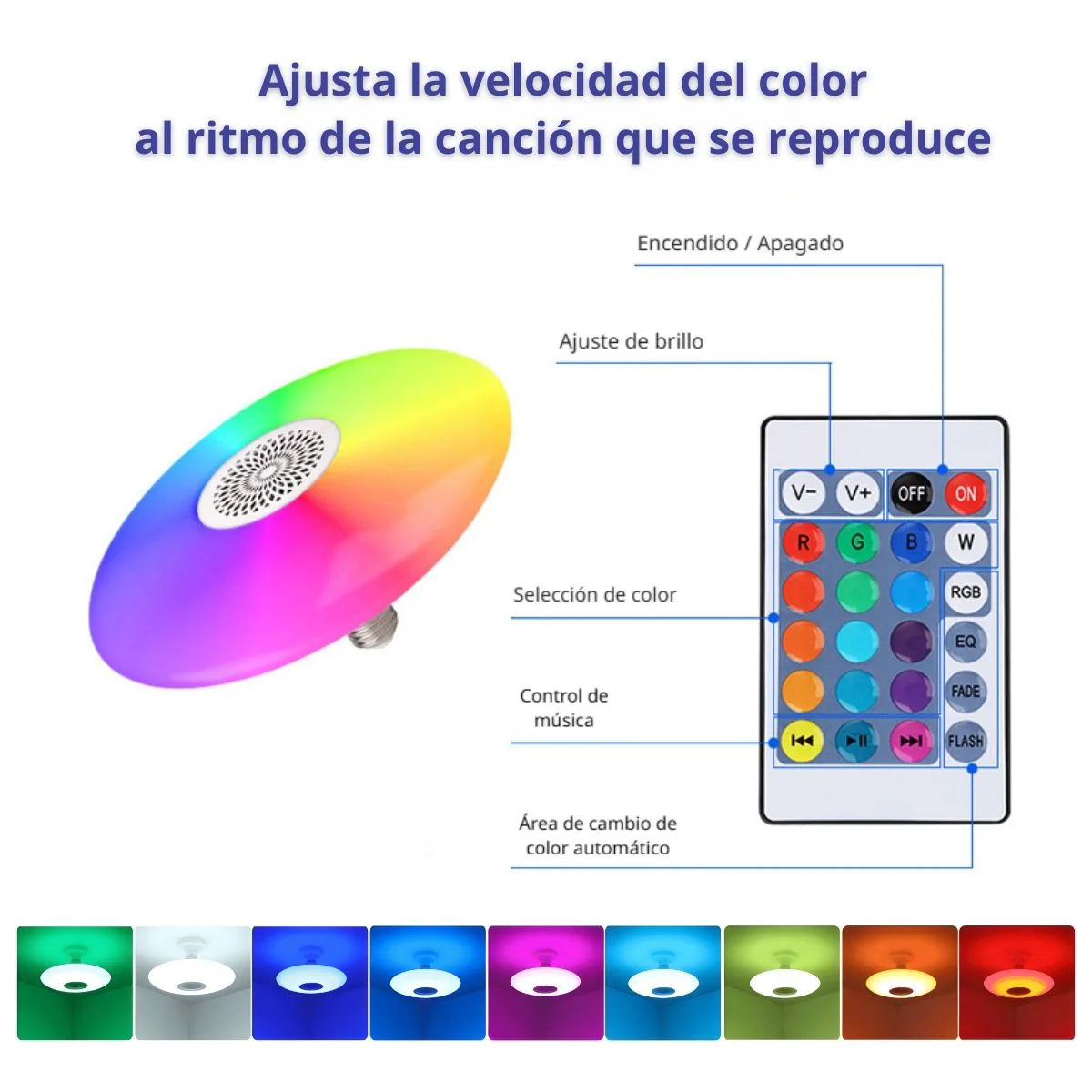Foco LED RGB Y Luz Blanca 6500K Bluetooth Con Bocina. Lámpara Socket E27 Con Control Remoto. Bombillo Para Salas, Habitaciones, Gamers. 18W.6.3” (16CM) - Image 3