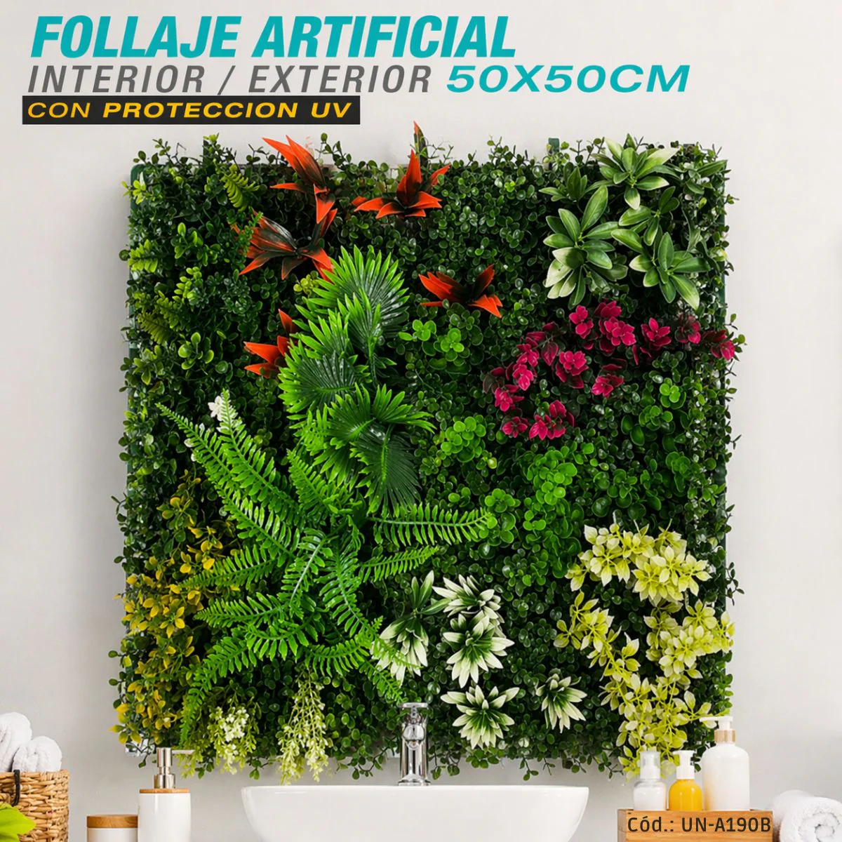 Follaje Artificial Verde 50X50cm Con Flores Blancas Y Rojas Para Decoración De Pared Interior O Exterior (CON PROTECCION UV)