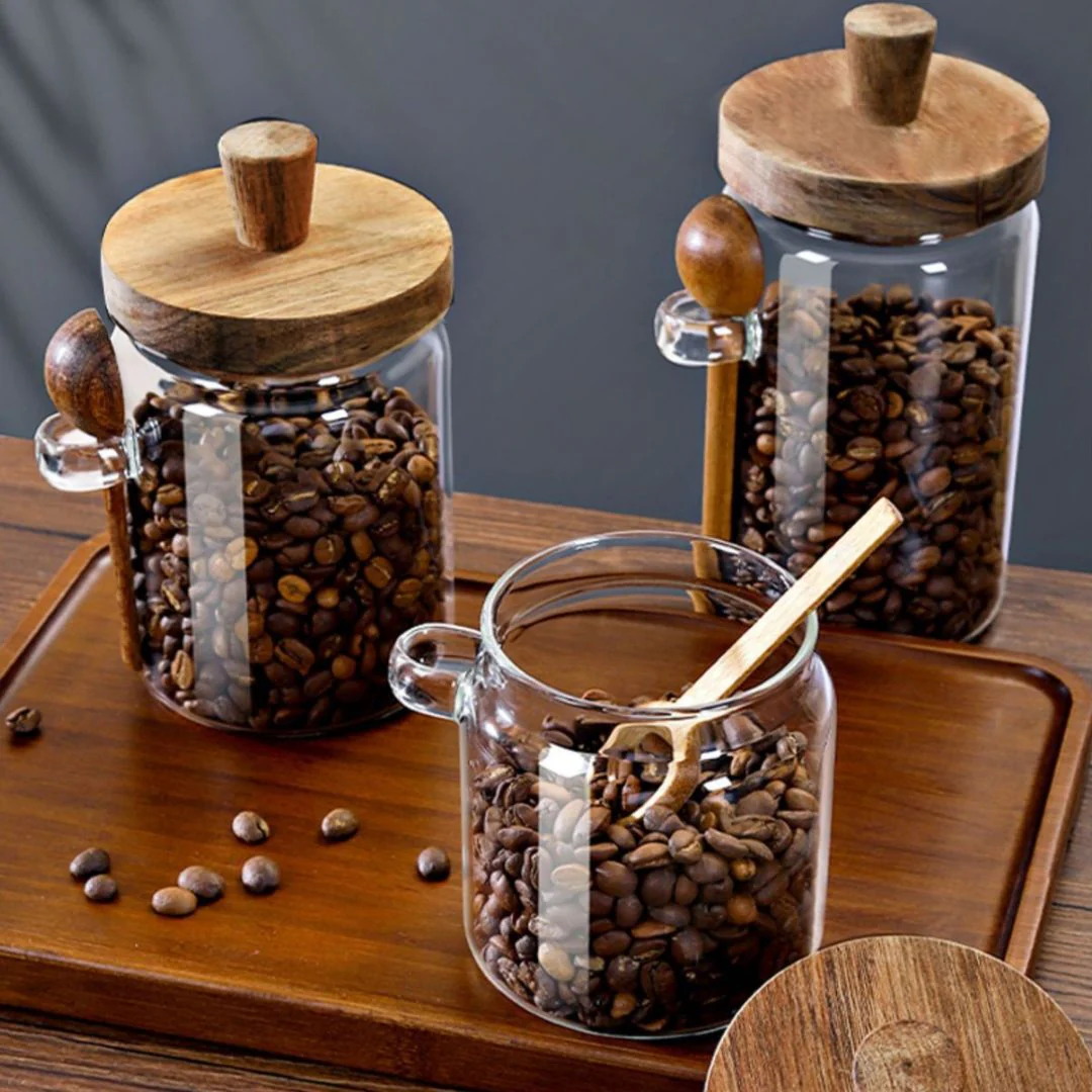 Frascos De Vidrio Herméticos Para Alimentos Con Tapa De Madera Y Cuchara (Set De 3 Piezas). Tarros De Almacenamiento. Recipientes De Cocina. - Image 3