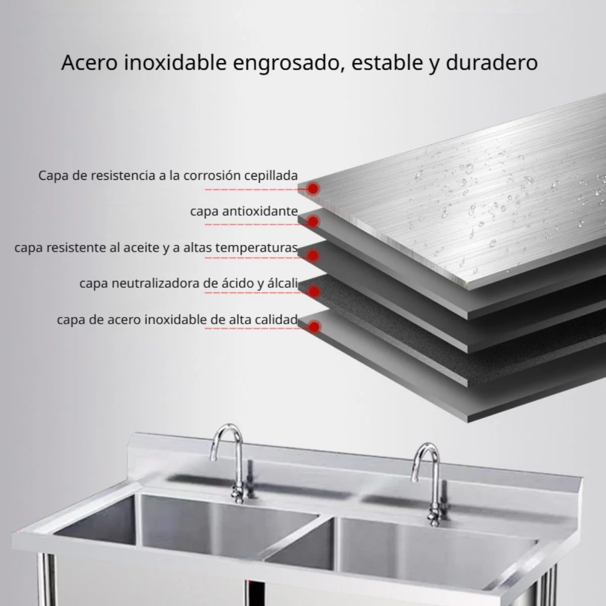 Fregadero Industrial Doble De Acero Inoxidable. 201 150X70x80cm. Profundidad Tina 40 Cm. Medida Tina 65X52cm - Image 2
