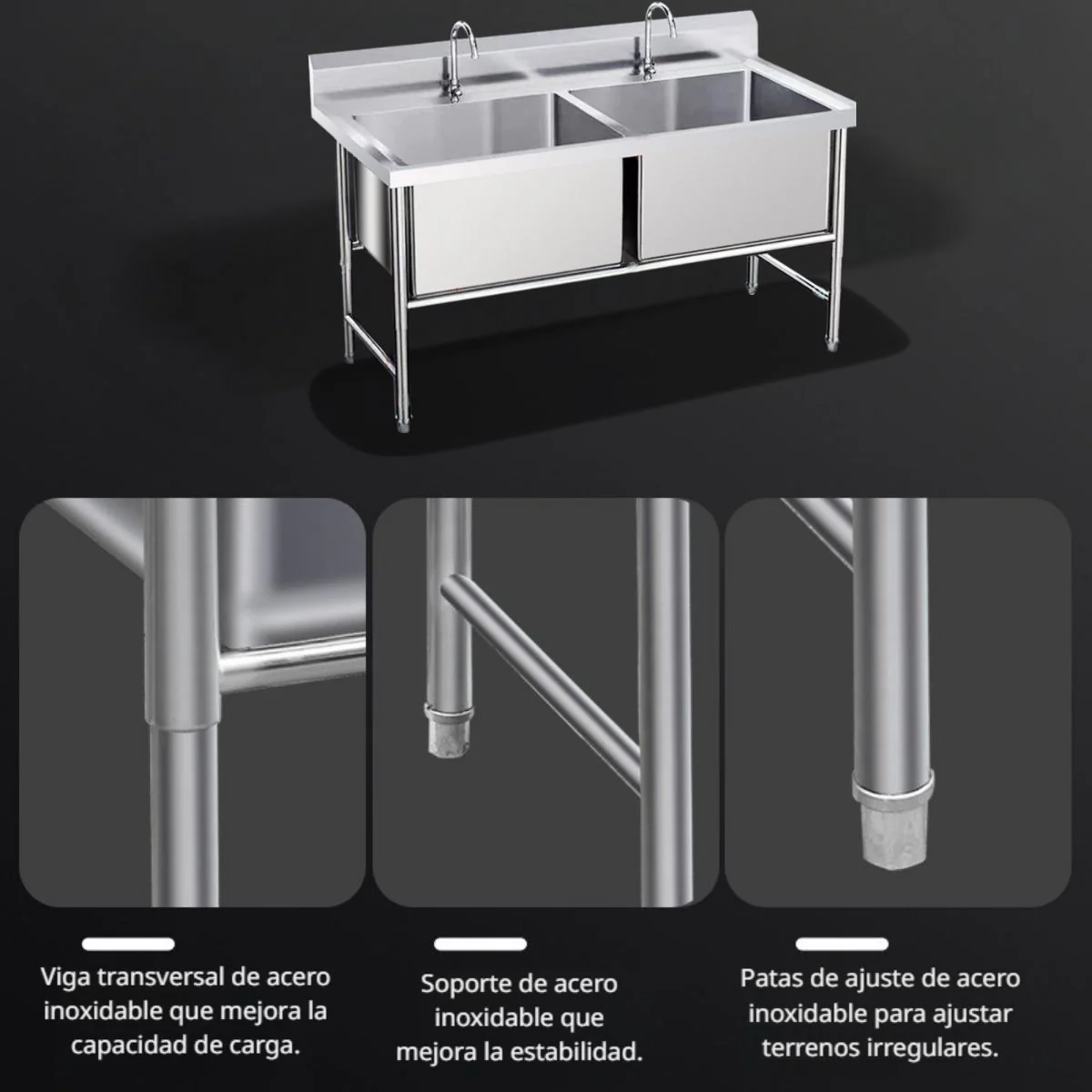 Fregadero Industrial Doble De Acero Inoxidable. 201 150X70x80cm. Profundidad Tina 40 Cm. Medida Tina 65X52cm - Image 3