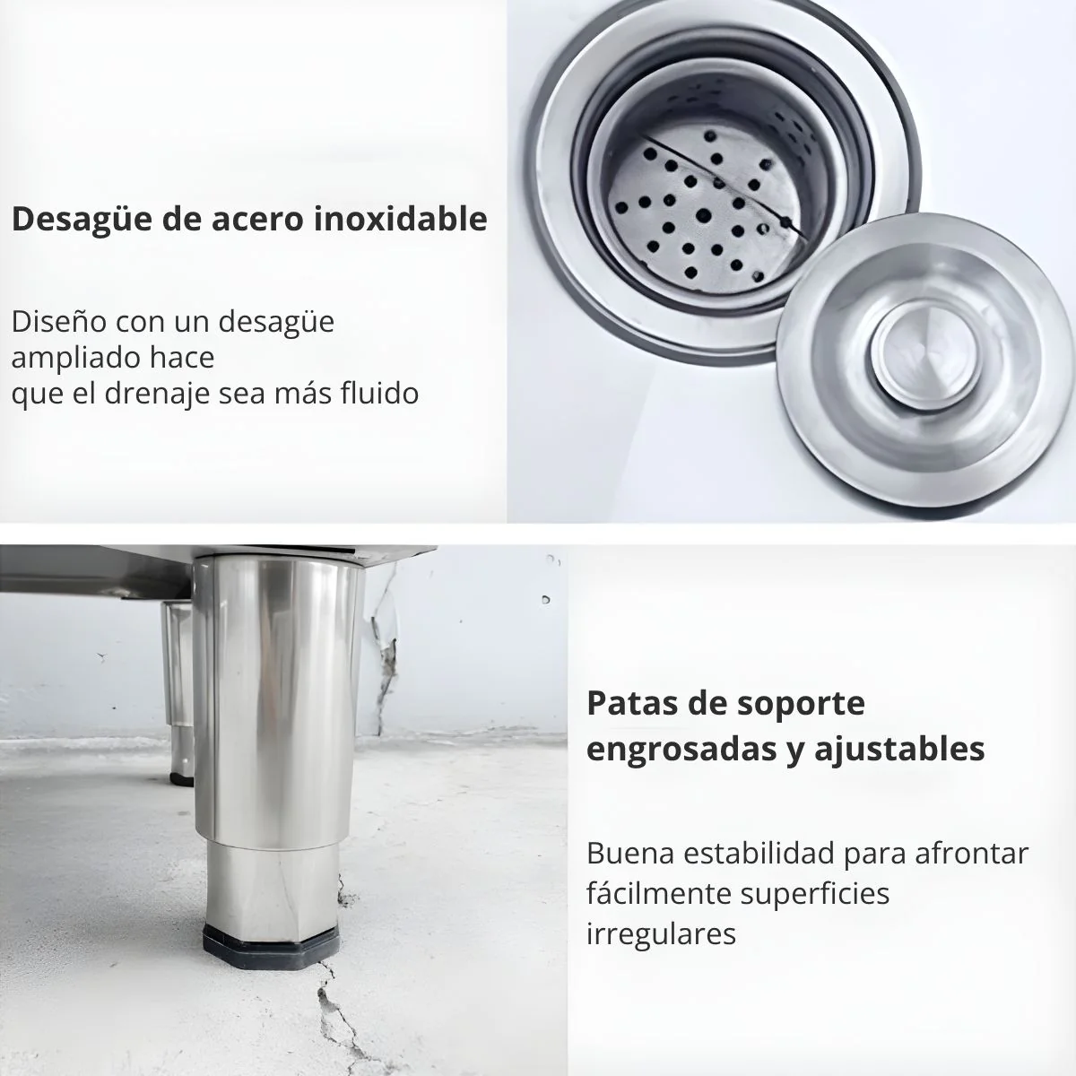 Fregadero Tina De Acero Inoxidable 201 Engrosado 17.7X16.1X21.6” (45X41x55 Cm) Patas Ajustables. Fregador Industrial, Lavadero. Incluye Desagüe Con Tubería Cubierta. - Image 2