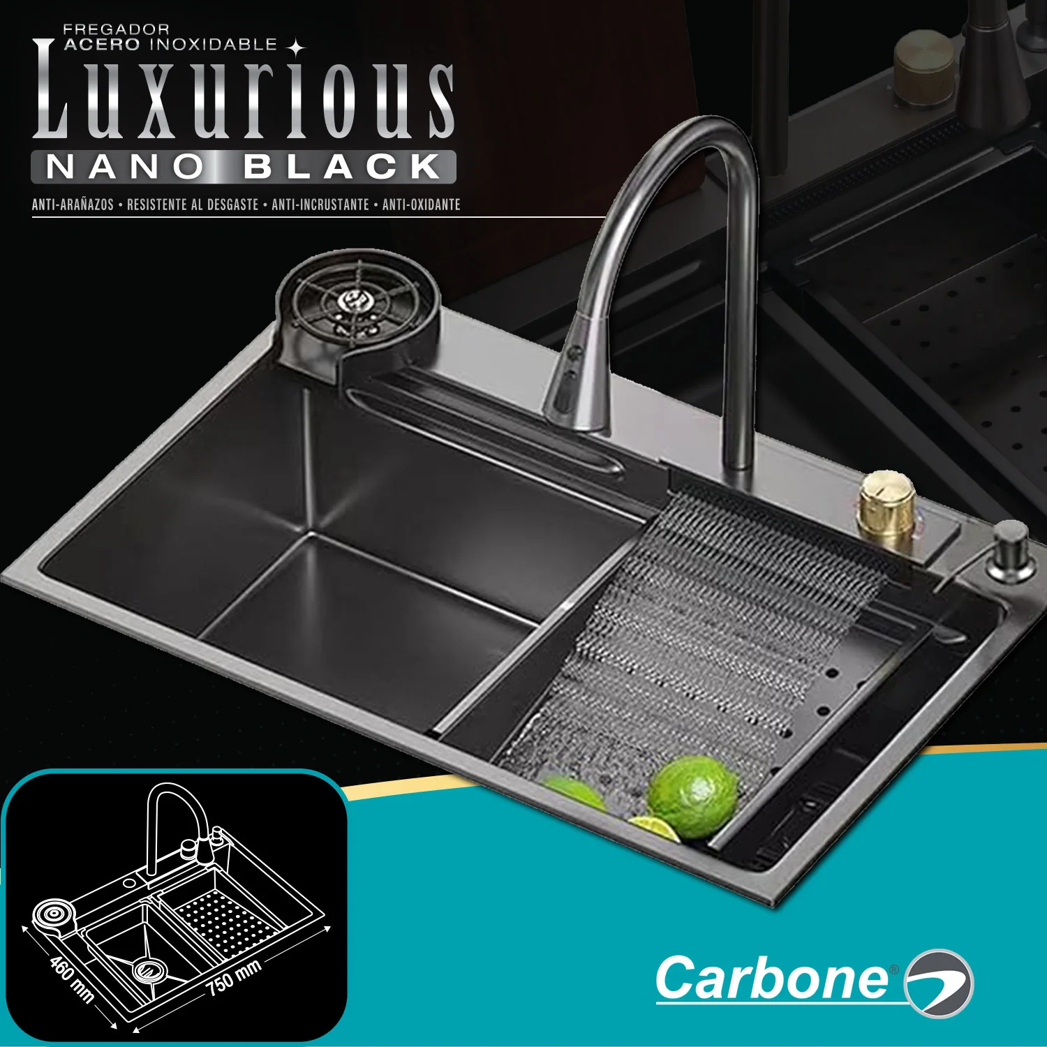 Fregador De Cocina Tina De Acero Inoxidable 75*50*21Cm Color Negro NESSATI