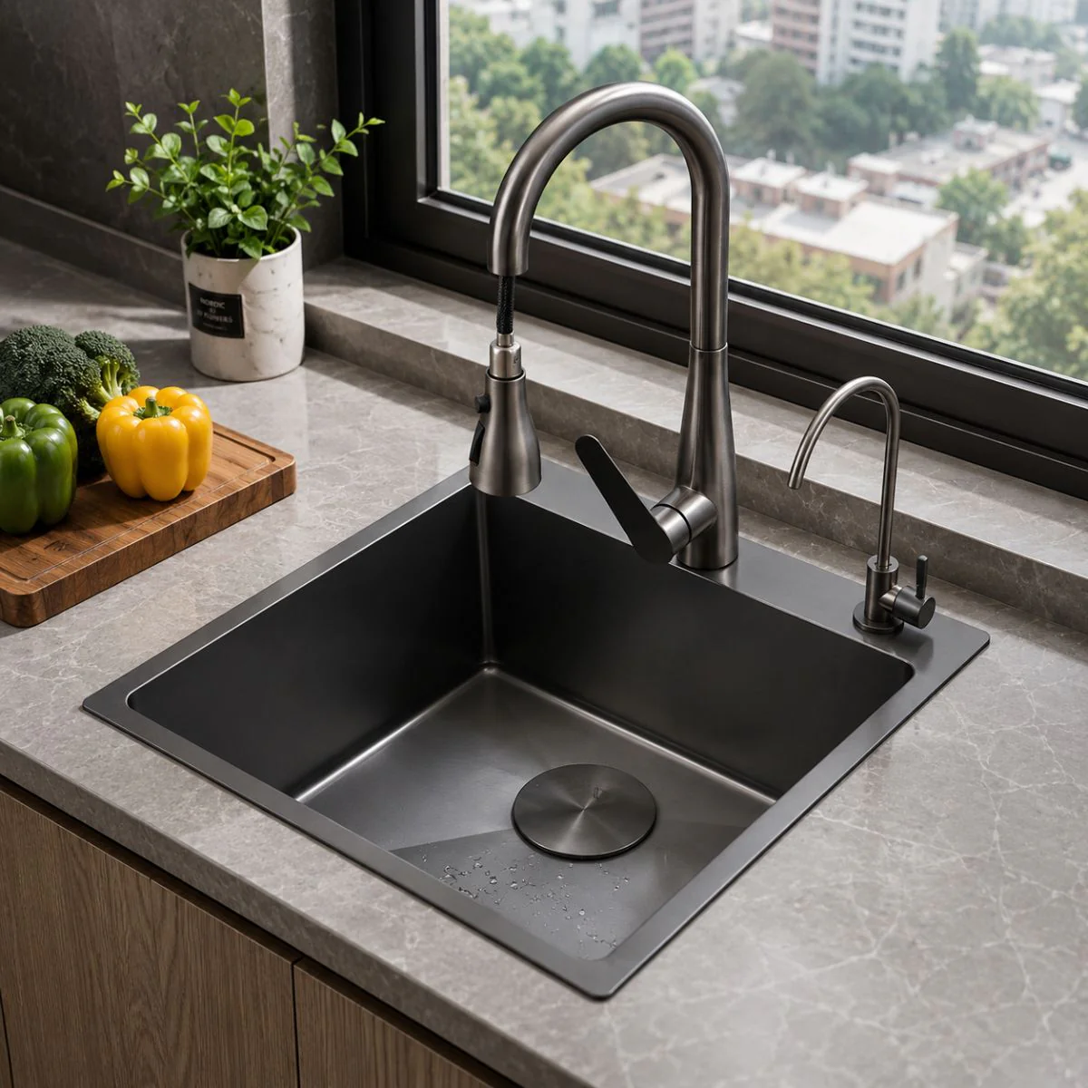 Fregador De Cocina 1 Tina SUS 304 Acero Inoxidable Con Dispensador De Jabón. Lavaplatos Empotrable Con Dispensador Y Drenaje Anticondensación (44X49x21cm) Color Plomo