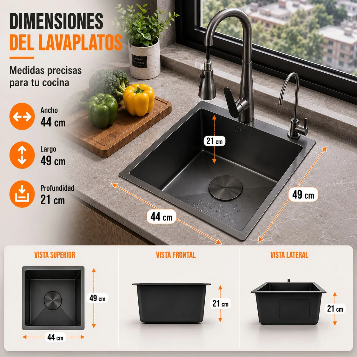 Fregador De Cocina 1 Tina SUS 304 Acero Inoxidable Con Dispensador De Jabón. Lavaplatos Empotrable Con Dispensador Y Drenaje Anticondensación (44X49x21cm) Color Plomo - Image 4