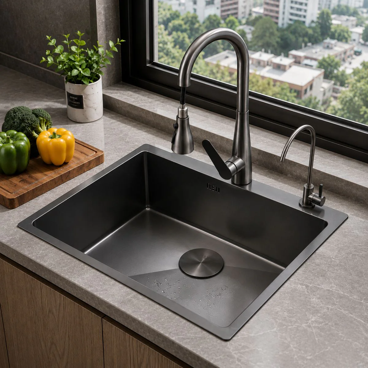 Fregador De Cocina 1 Tina SUS 304 Acero Inoxidable Con Dispensador De Jabón. Lavaplatos Empotrable Con Dispensador Y Drenaje Anticondensación (60X49x21cm) Color Plomo