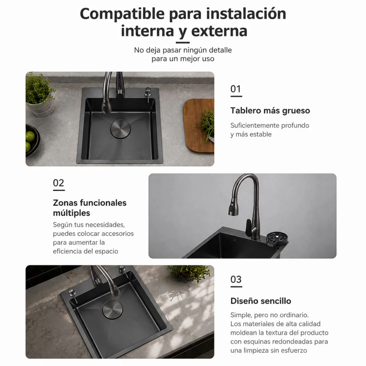 Fregador De Cocina 1 Tina SUS 304 Acero Inoxidable Con Dispensador De Jabón. Lavaplatos Empotrable Con Dispensador Y Drenaje Anticondensación (60X49x21cm) Color Plomo - Image 2