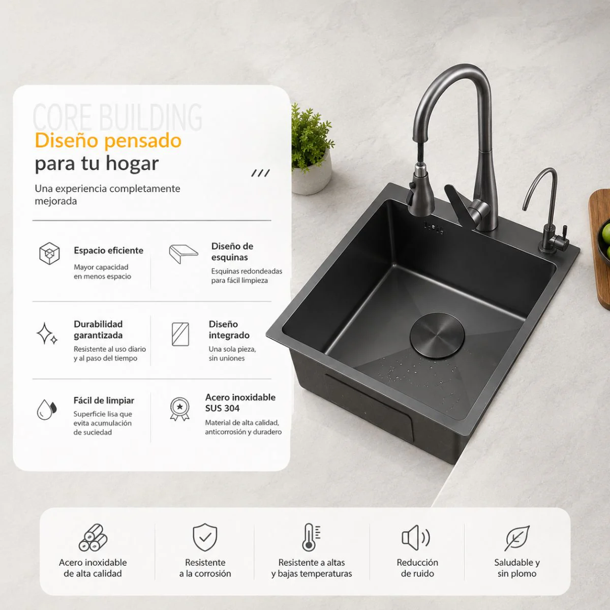 Fregador De Cocina 1 Tina SUS 304 Acero Inoxidable Con Dispensador De Jabón. Lavaplatos Empotrable Con Dispensador Y Drenaje Anticondensación (60X49x21cm) Color Plomo - Image 3