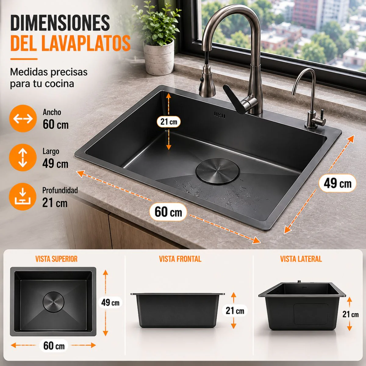 Fregador De Cocina 1 Tina SUS 304 Acero Inoxidable Con Dispensador De Jabón. Lavaplatos Empotrable Con Dispensador Y Drenaje Anticondensación (60X49x21cm) Color Plomo - Image 4