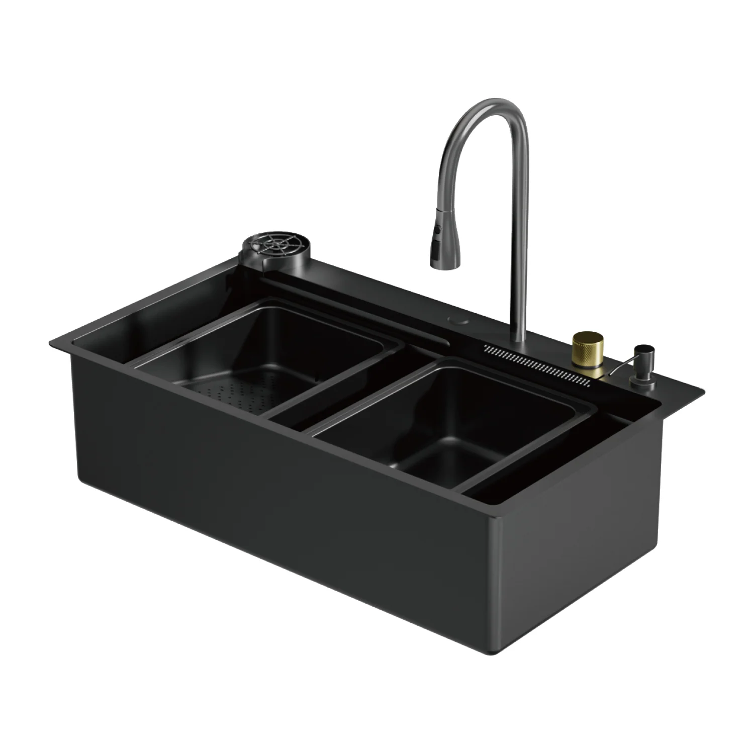 Fregador De Cocina Empotrable Con Doble Tina 80X46x22cm. Acero Inoxidable. Color Negro. Incluye Grifo, Escurridor Y Dispensador - Image 2