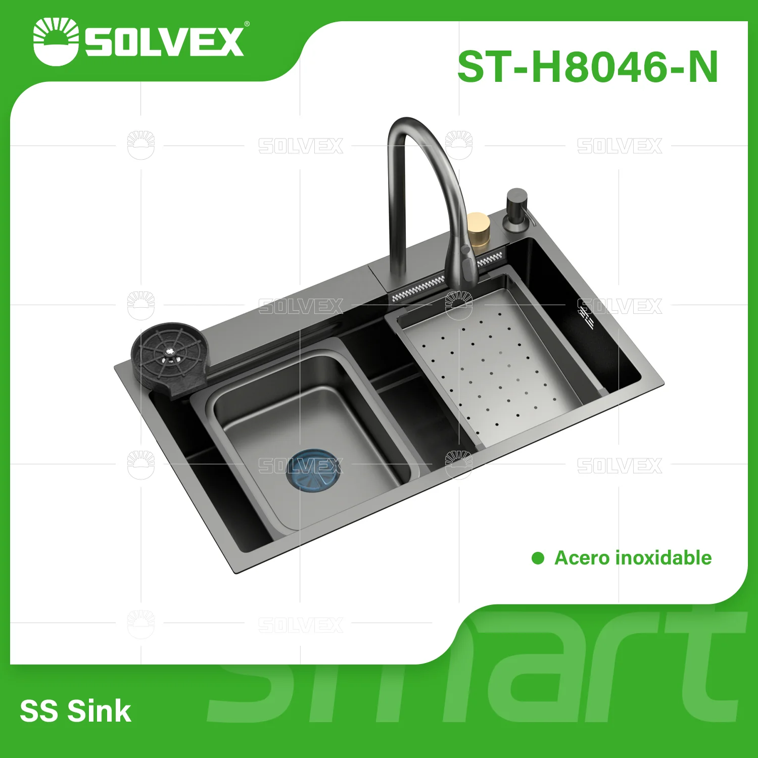 Fregador De Cocina Empotrable Con Doble Tina 80X46x22cm. Acero Inoxidable. Color Negro. Incluye Grifo, Escurridor Y Dispensador - Image 3