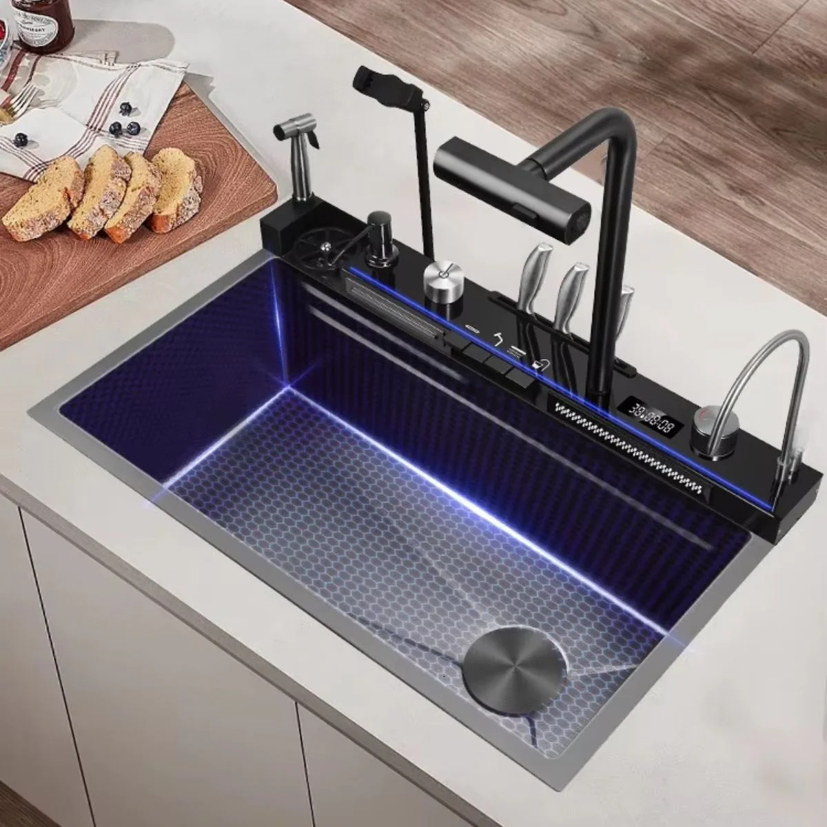Fregador De Cocina Multifunción Empotrable. 80X46x22cm. De Doble Cascada Con Soporte Para Celular. Acero Inoxidable. Acabado Oscuro - Image 5