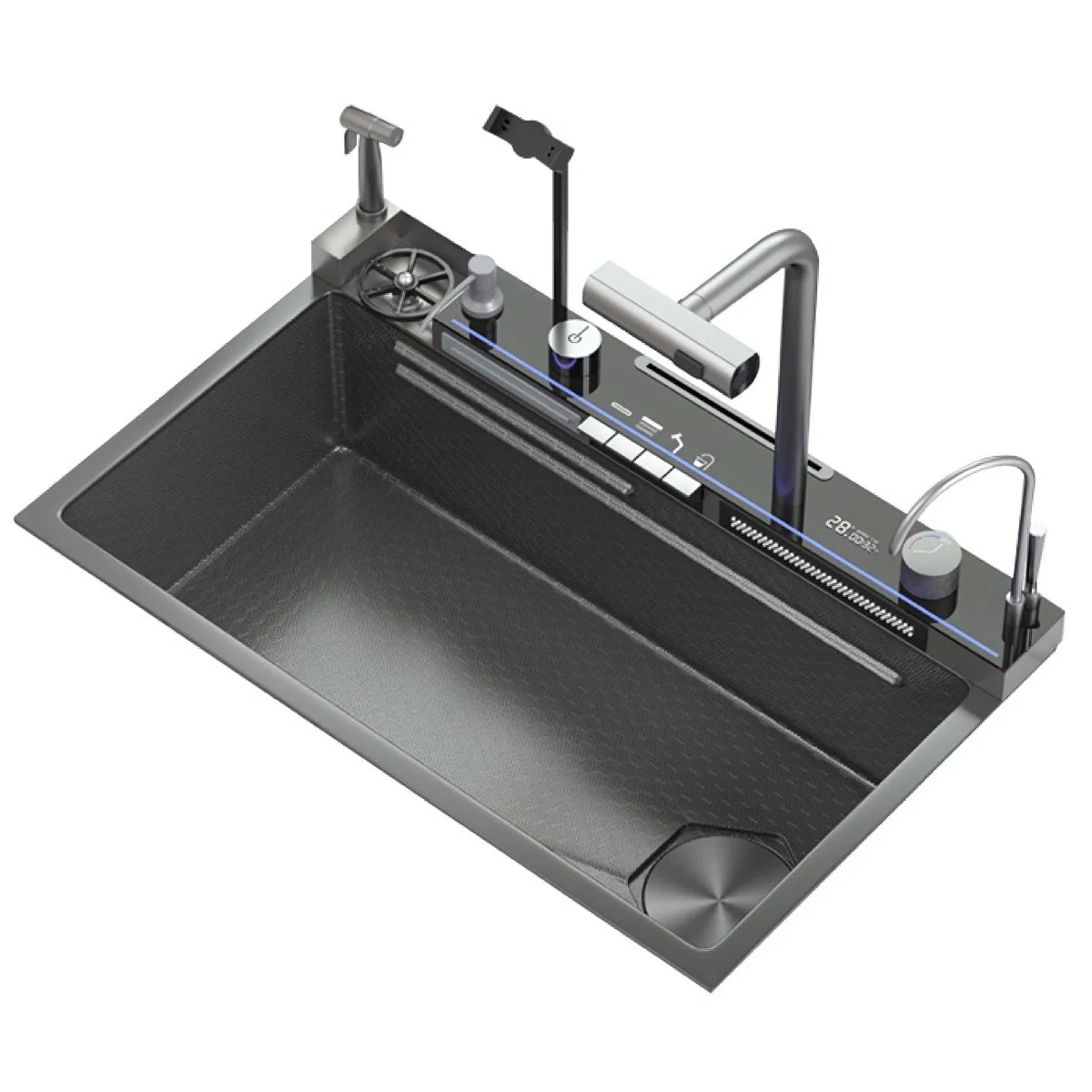 Fregador De Cocina Multifunción Empotrable. 80X46x22cm. De Doble Cascada Con Soporte Para Celular. Acero Inoxidable. Acabado Oscuro - Image 6