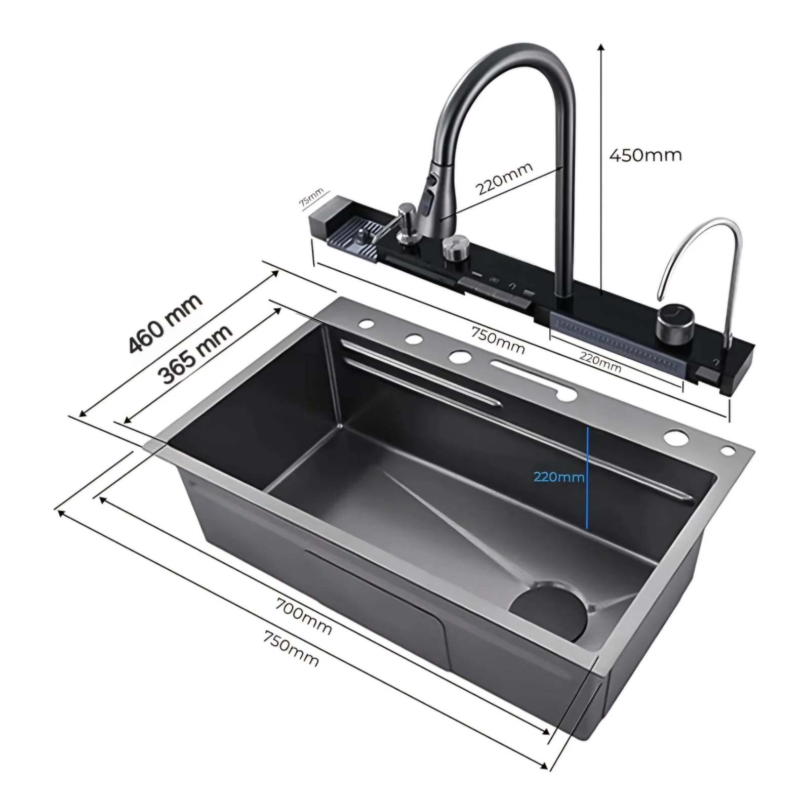 Fregador De Cocina Multifunción Nano Black Piano Switch 750X460x220mm Negro Plomo Fregadores Tina De Cocina - Image 2
