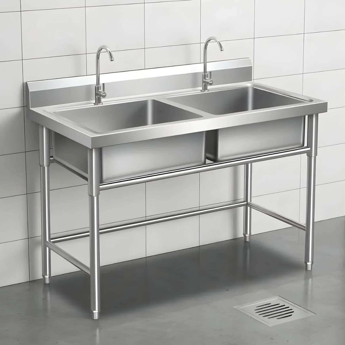Fregador Industrial Con 2 Tinas De Acero Inoxidable (140X70x80cm) Espesor 0.9Mm. Lavaplatos Doble Con Respaldo Y Patas Reforzadas.