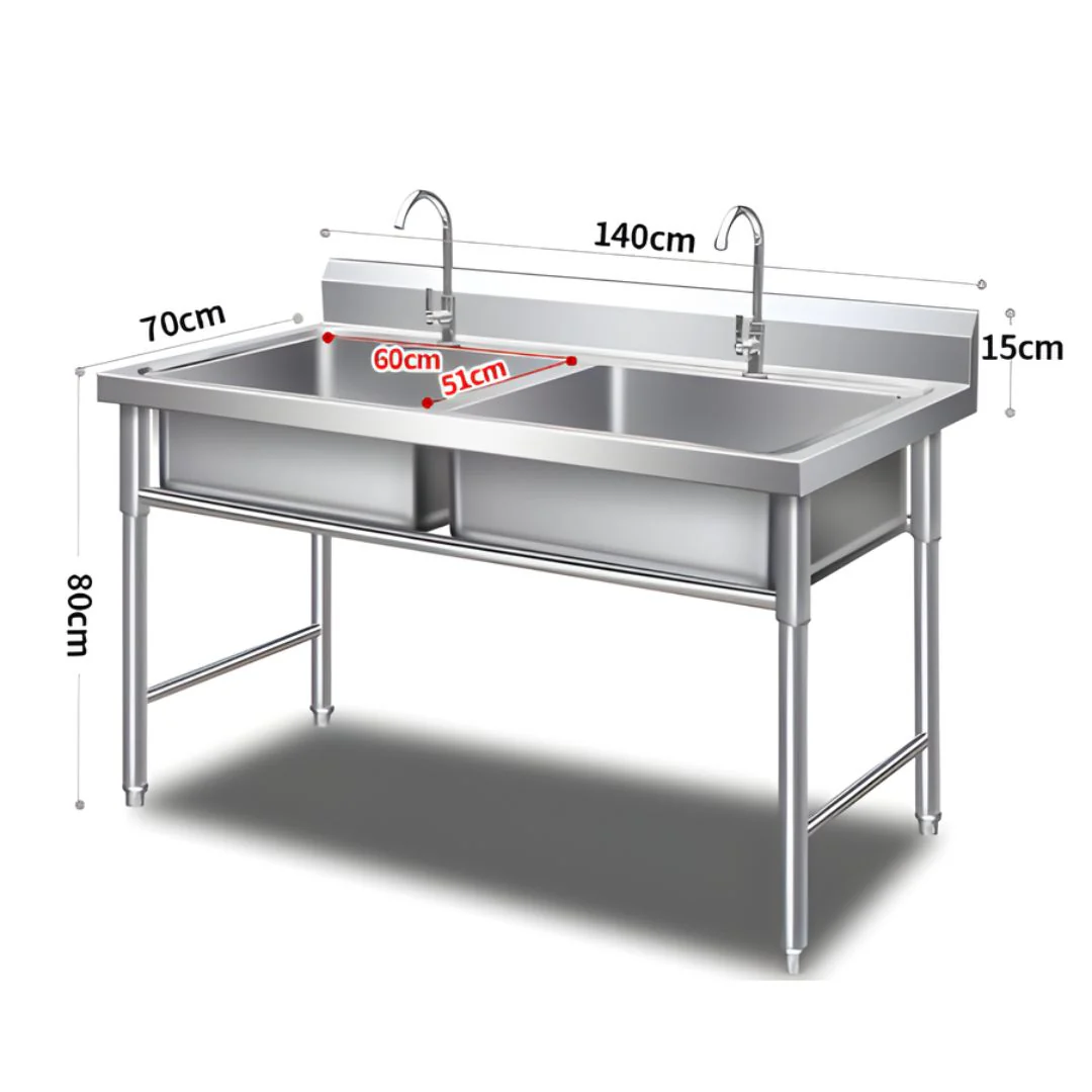 Fregador Industrial Con 2 Tinas De Acero Inoxidable (140X70x80cm) Espesor 0.9Mm. Lavaplatos Doble Con Respaldo Y Patas Reforzadas. - Image 3