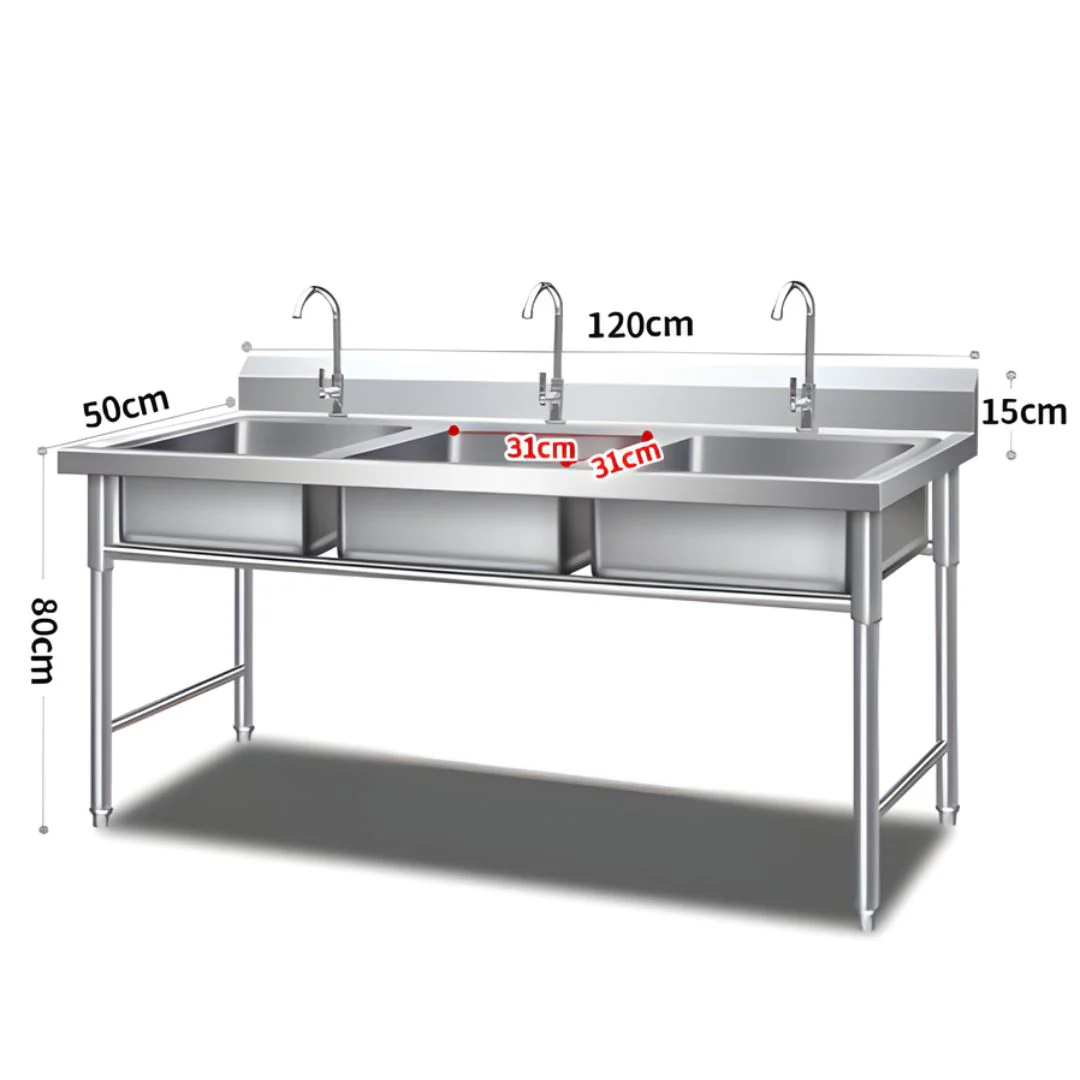 Fregador Industrial Con 3 Tinas De Acero Inoxidable (120X50x80cm) Espesor 0.7Mm. Lavaplatos Triple Con Respaldo Y Patas Reforzadas. - Image 3