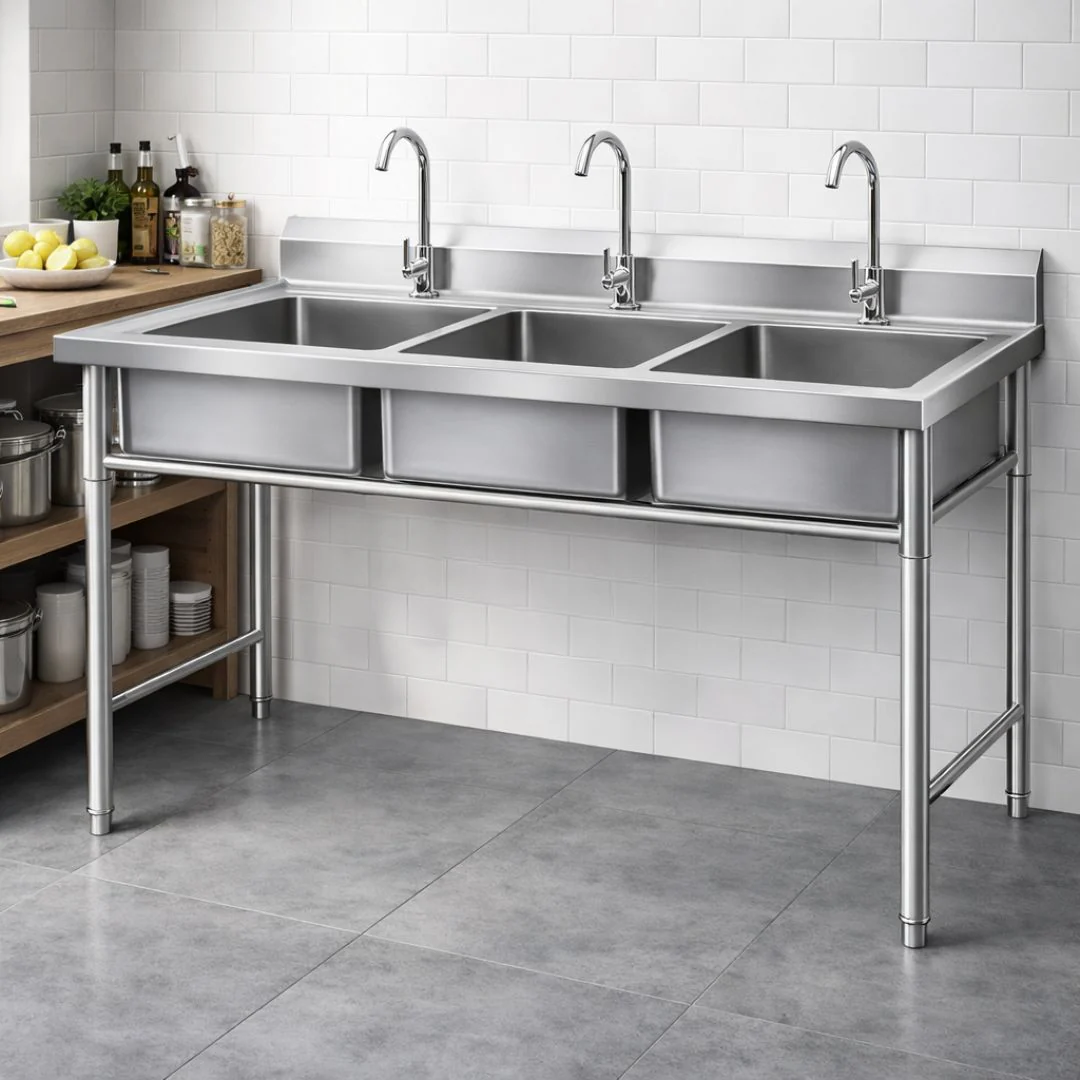 Fregador Industrial Con 3 Tinas De Acero Inoxidable (180X70x80cm) Espesor 0.9Mm. Lavaplatos Triple Con Respaldo Y Patas Reforzadas.