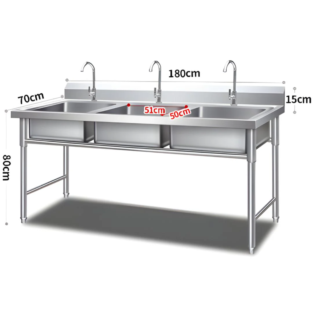 Fregador Industrial Con 3 Tinas De Acero Inoxidable (180X70x80cm) Espesor 0.9Mm. Lavaplatos Triple Con Respaldo Y Patas Reforzadas. - Image 3
