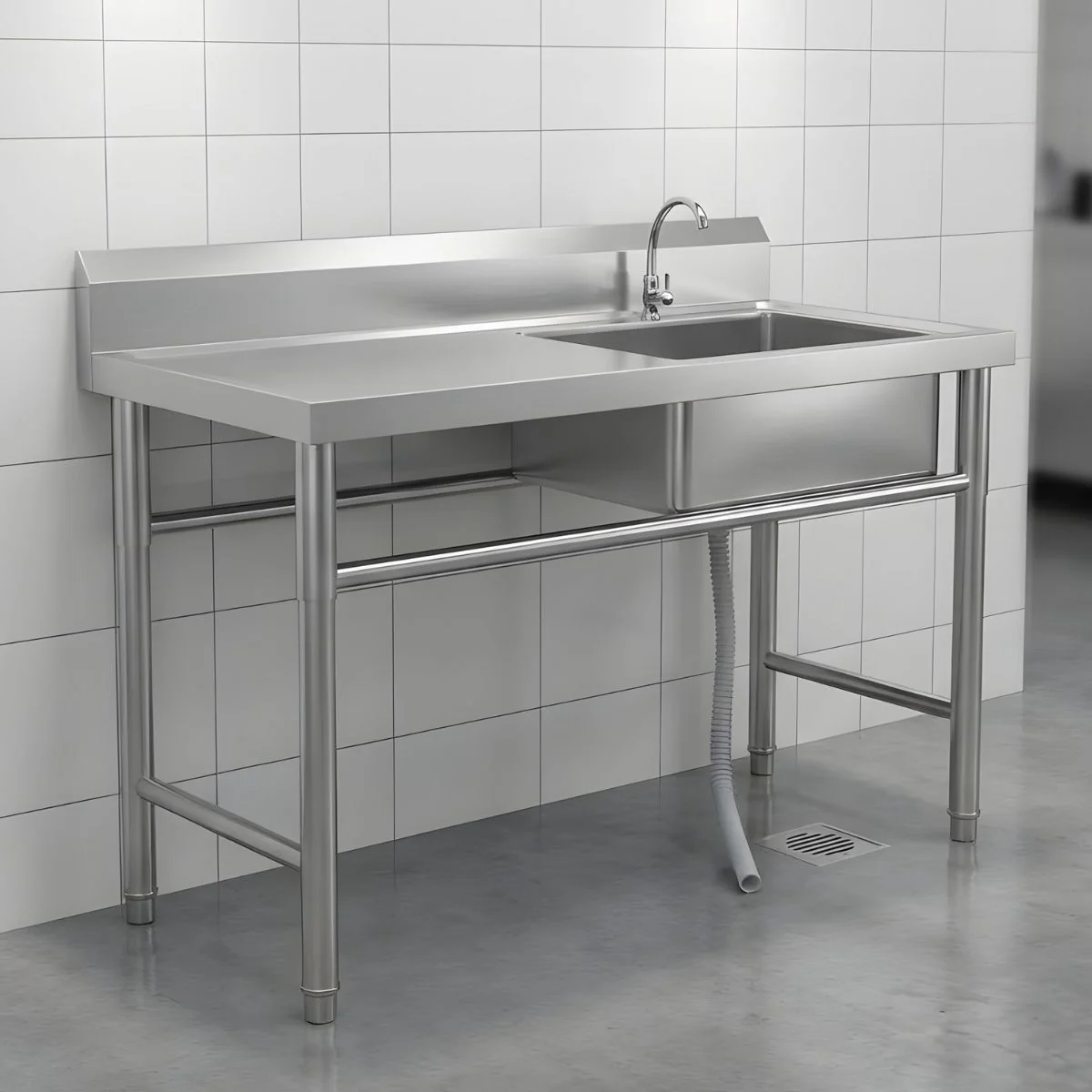 Fregador Industrial Con Mesa De Trabajo Y Tina Del Lado Derecho (120X60x80cm). Lavaplatos Profesional Con Respaldo Y Patas Reforzadas.