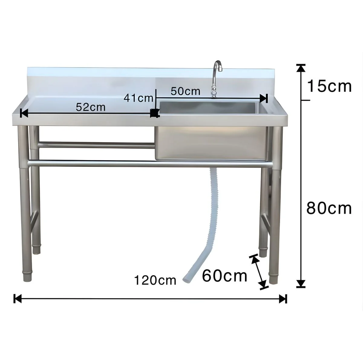 Fregador Industrial Con Mesa De Trabajo Y Tina Del Lado Derecho (120X60x80cm). Lavaplatos Profesional Con Respaldo Y Patas Reforzadas. - Image 2