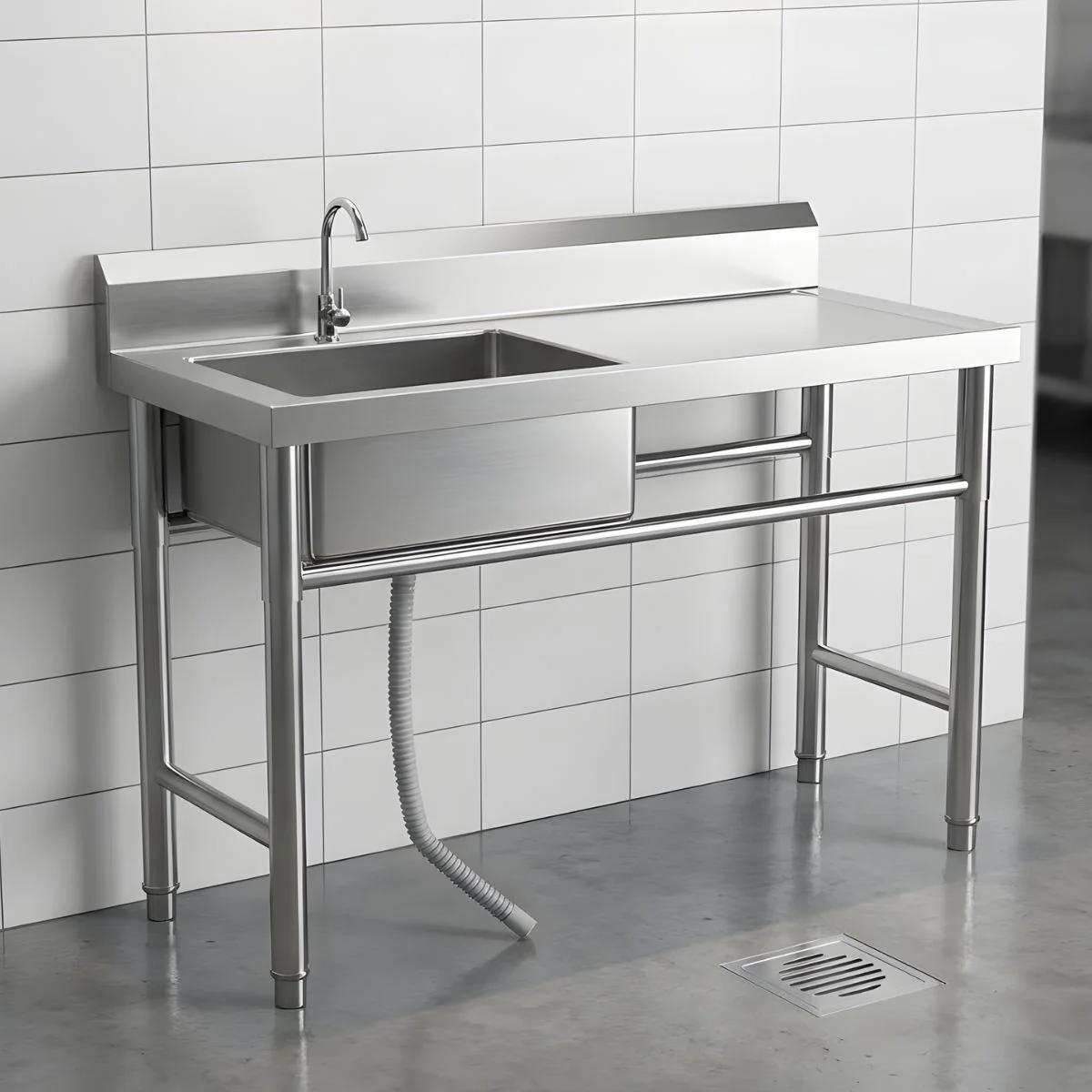 Fregador Industrial Con Mesa De Trabajo Y Tina Del Lado Izquierdo (120X60x80cm). Lavaplatos Profesional Con Respaldo Y Patas Reforzadas.