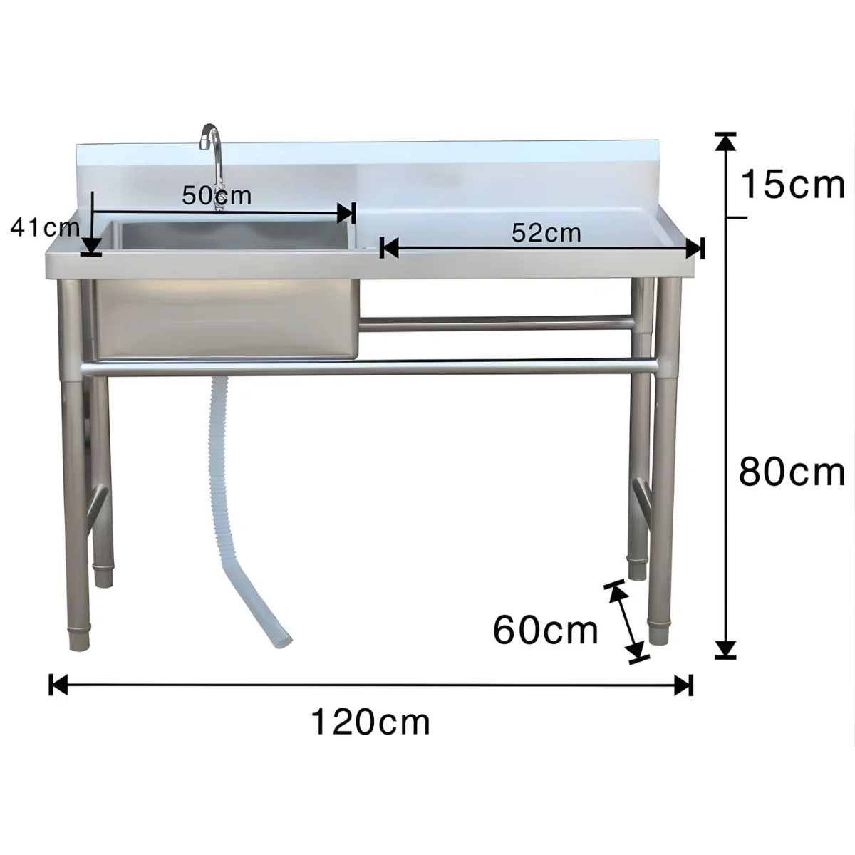 Fregador Industrial Con Mesa De Trabajo Y Tina Del Lado Izquierdo (120X60x80cm). Lavaplatos Profesional Con Respaldo Y Patas Reforzadas. - Image 2