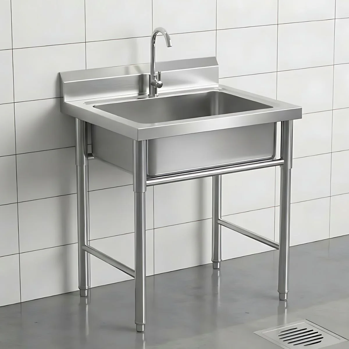 Fregador Industrial Con Una Tina De Acero Inoxidable (60X60x80cm). Espesor 0.6Mm. Lavaplatos Con Respaldo Y Patas Reforzadas.