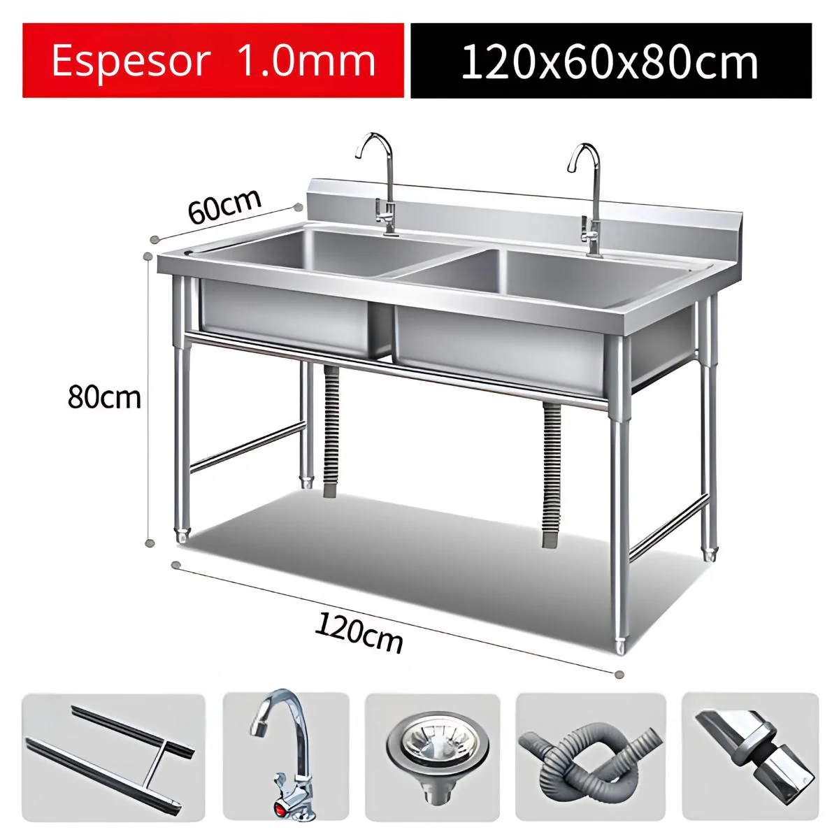 Fregador Tina Industrial Doble De 120X60x80 Cm. Acero Inoxidable 201. Calibre 1.0 Mm. Ideal Para Cocinas De Hostelería.
