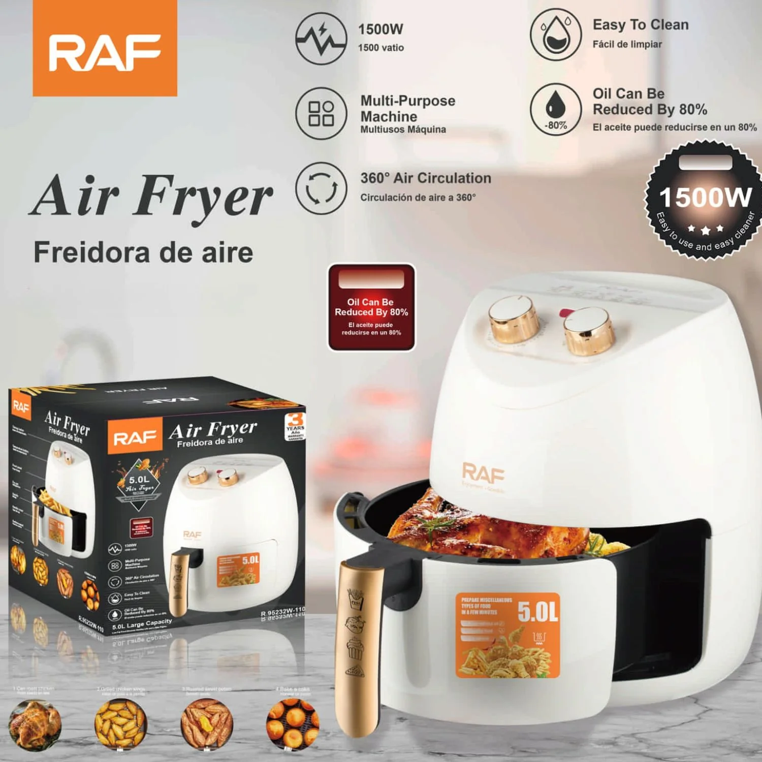 Freidora De Aire 5L 1500W 110V 60Hz Control De Perilla Antiadherente 360° Multipropósito Aceite 80% Air Frier