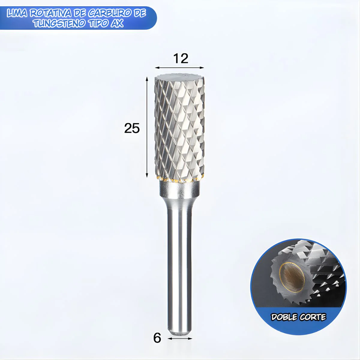 Fresa Lima Rotativa Cilíndrica De Carburo De Tungsteno Para Mototool. Vástago: 6Mm. Cabeza: 12Mm. - Image 2