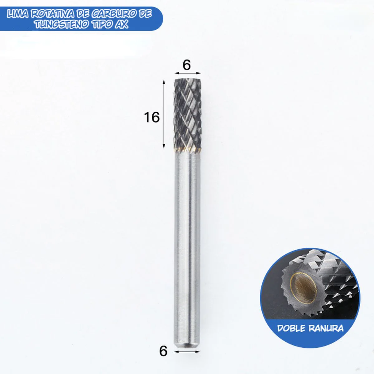 Fresa Lima Rotativa Cilíndrica De Carburo De Tungsteno Para Mototool. Vástago: 6Mm. Cabeza: 6Mm. - Image 2