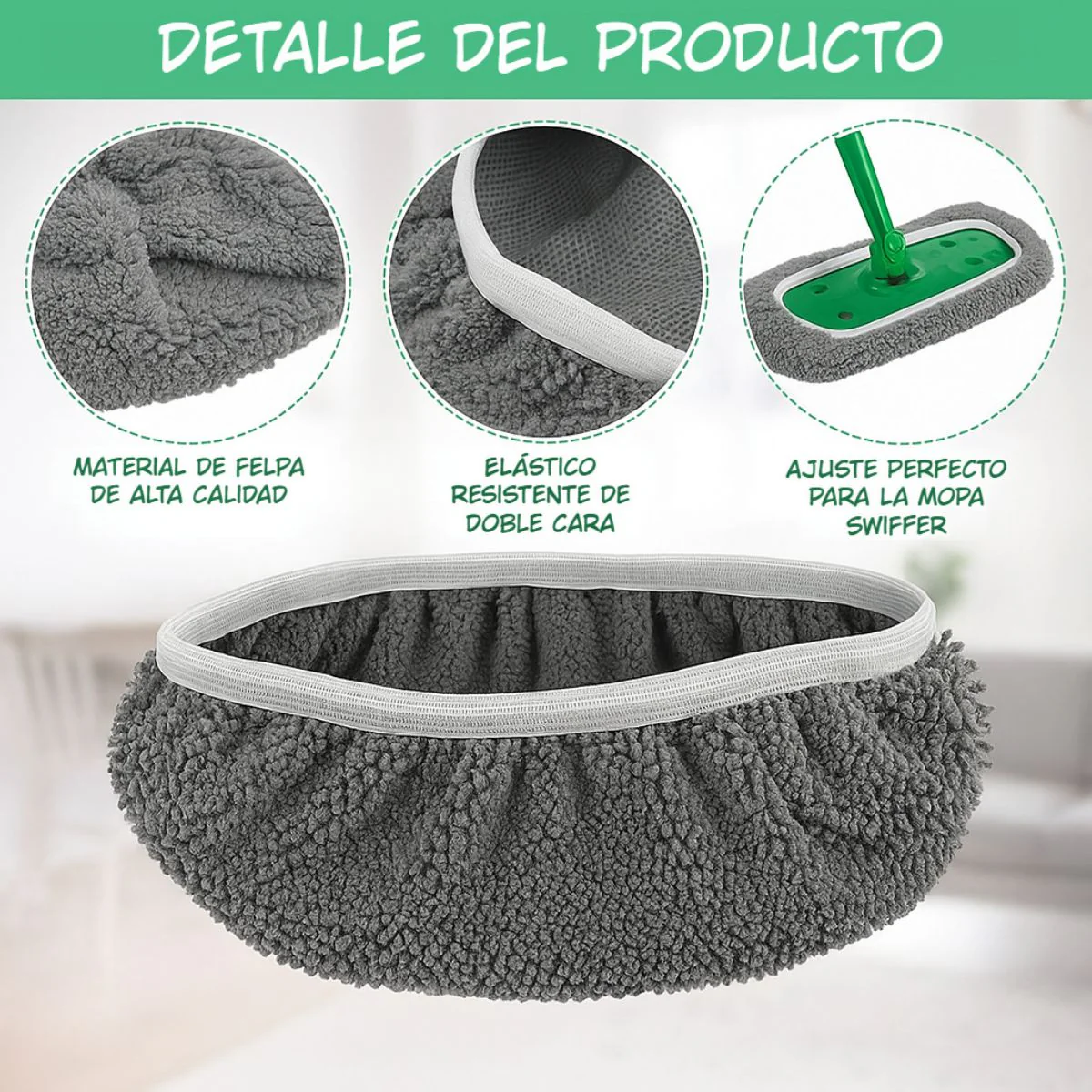 Funda De Microfibra Reutilizable Para Mopa O Trapeador. Repuesto Lavable De Alta Absorción. Color Gris. Tamaño Grande 45.3×11.5Cm. - Image 3