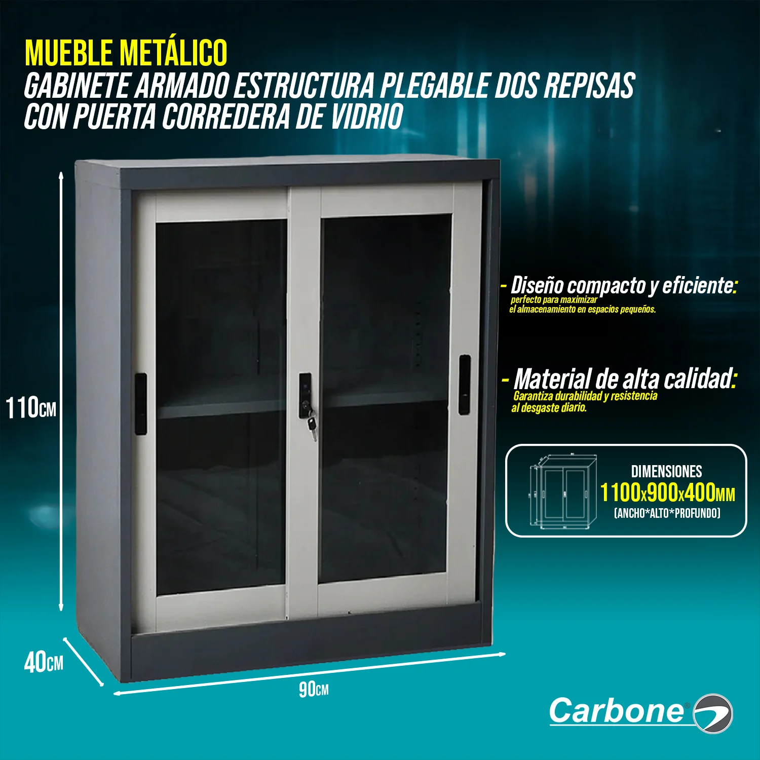 Mueble Metalico Gabinete Armado Estructura Plegable Dos Repisas Con Puerta Corredera De Vidrio 1100X900x400mm