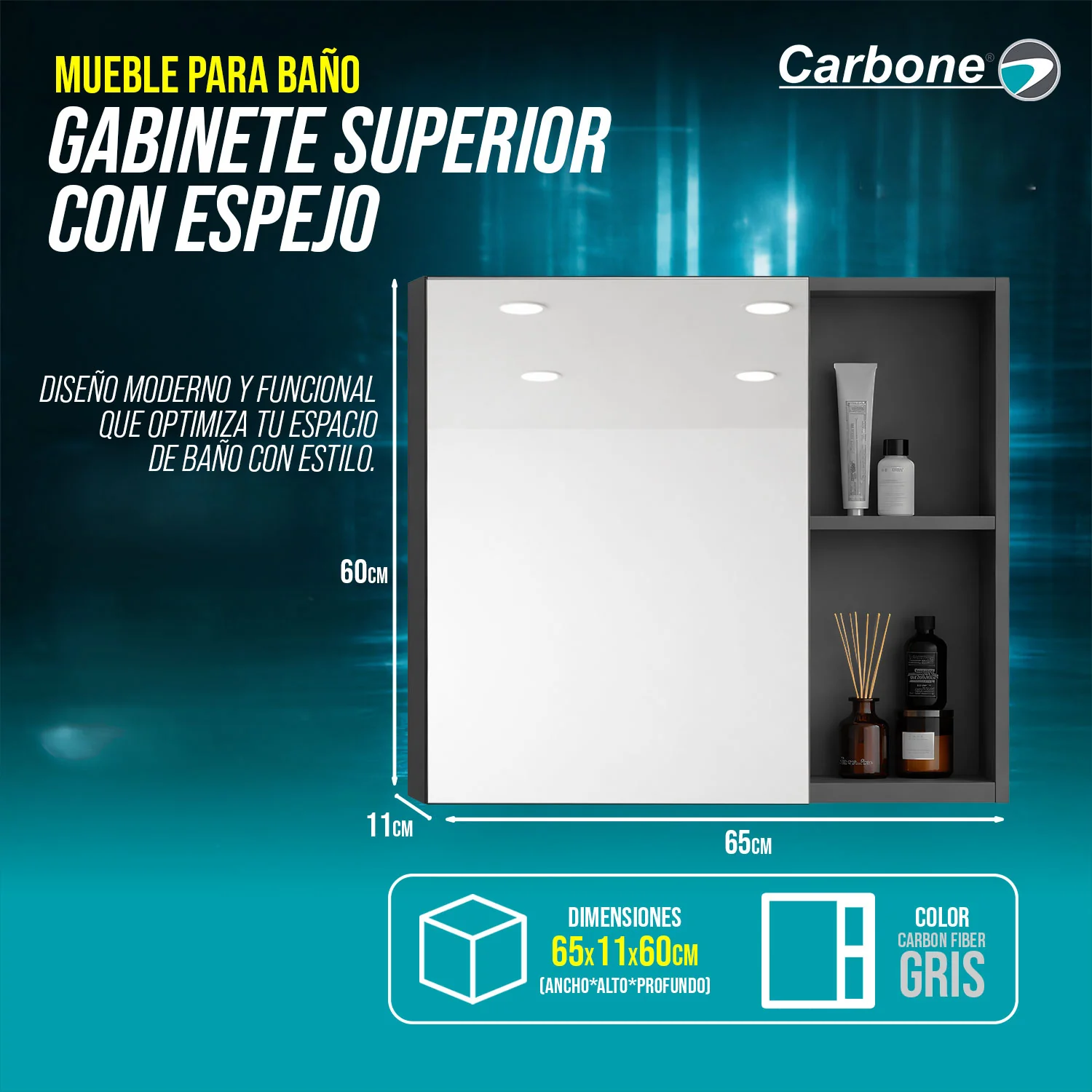 Gabinete Superior Para Baño Con Espejo 65×11×60 Cm Carbon Fiber Color Gris